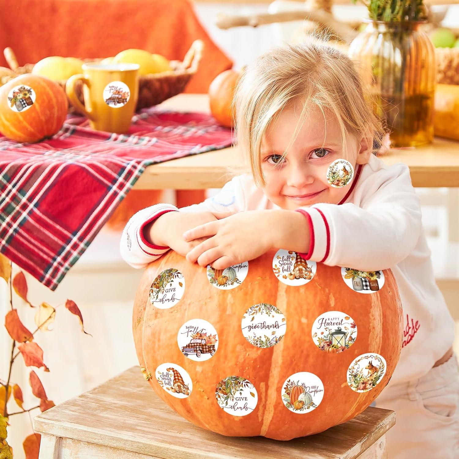 imageWhaline 1000Pcs Fall Thanksgiving Stickers Pumpkin Maple Leaf Autumn Round Stickers Sealing Labels for Thanksgiving Party Gift Supplies 8 DesignFall