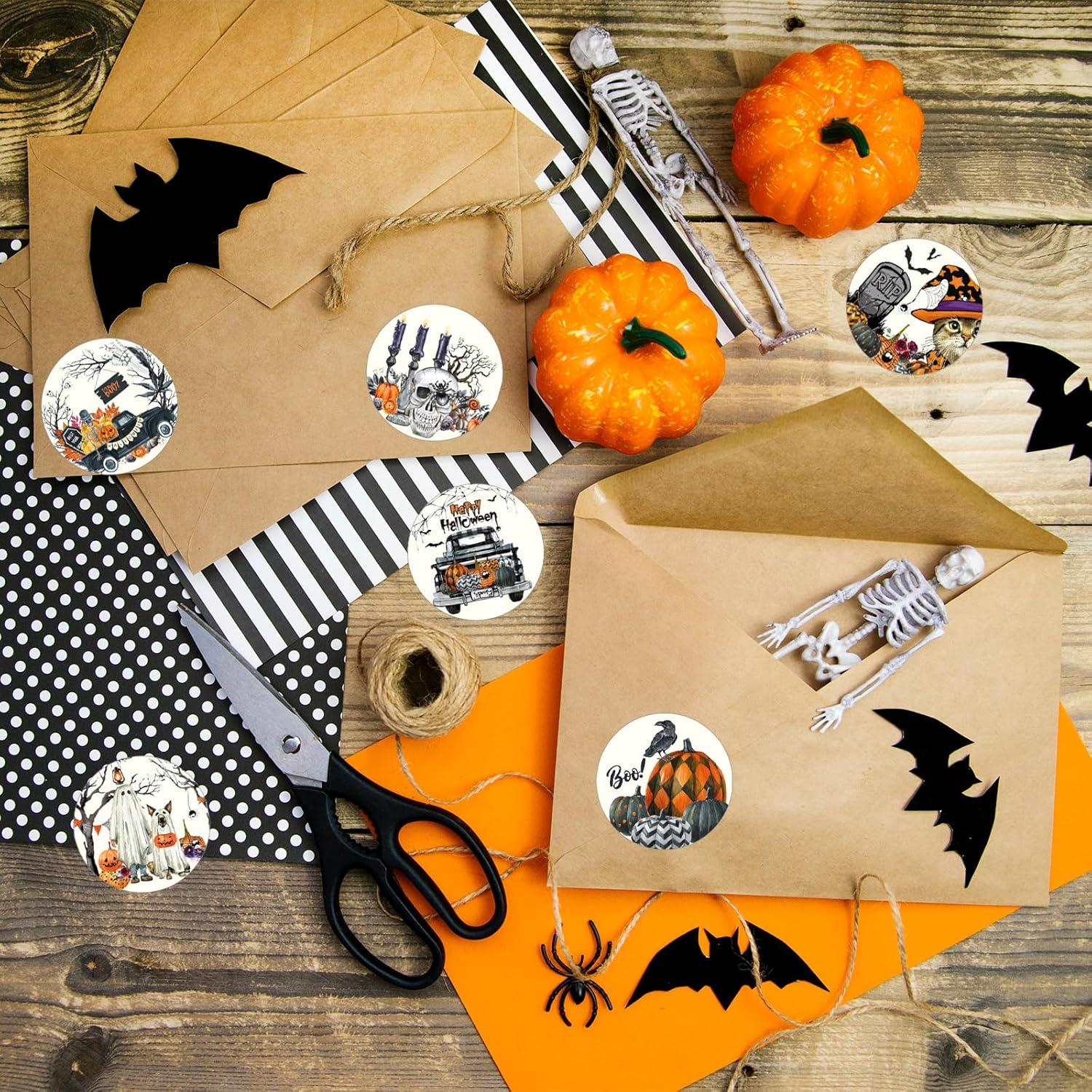 imageWhaline 1000Pcs Fall Thanksgiving Stickers Pumpkin Maple Leaf Autumn Round Stickers Sealing Labels for Thanksgiving Party Gift Supplies 8 DesignHalloween