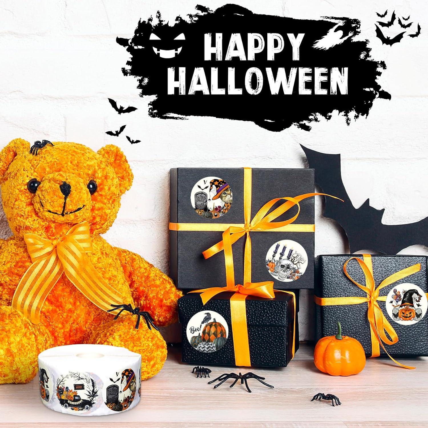 imageWhaline 1000Pcs Fall Thanksgiving Stickers Pumpkin Maple Leaf Autumn Round Stickers Sealing Labels for Thanksgiving Party Gift Supplies 8 DesignHalloween