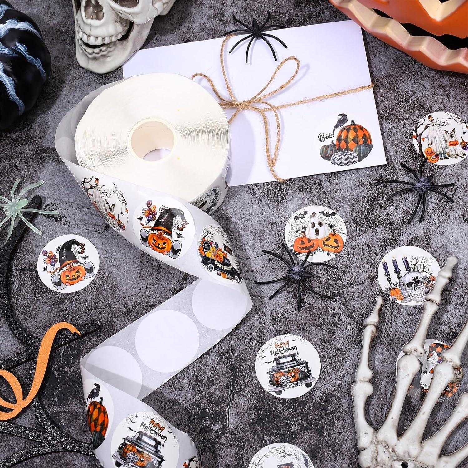 imageWhaline 1000Pcs Fall Thanksgiving Stickers Pumpkin Maple Leaf Autumn Round Stickers Sealing Labels for Thanksgiving Party Gift Supplies 8 DesignHalloween