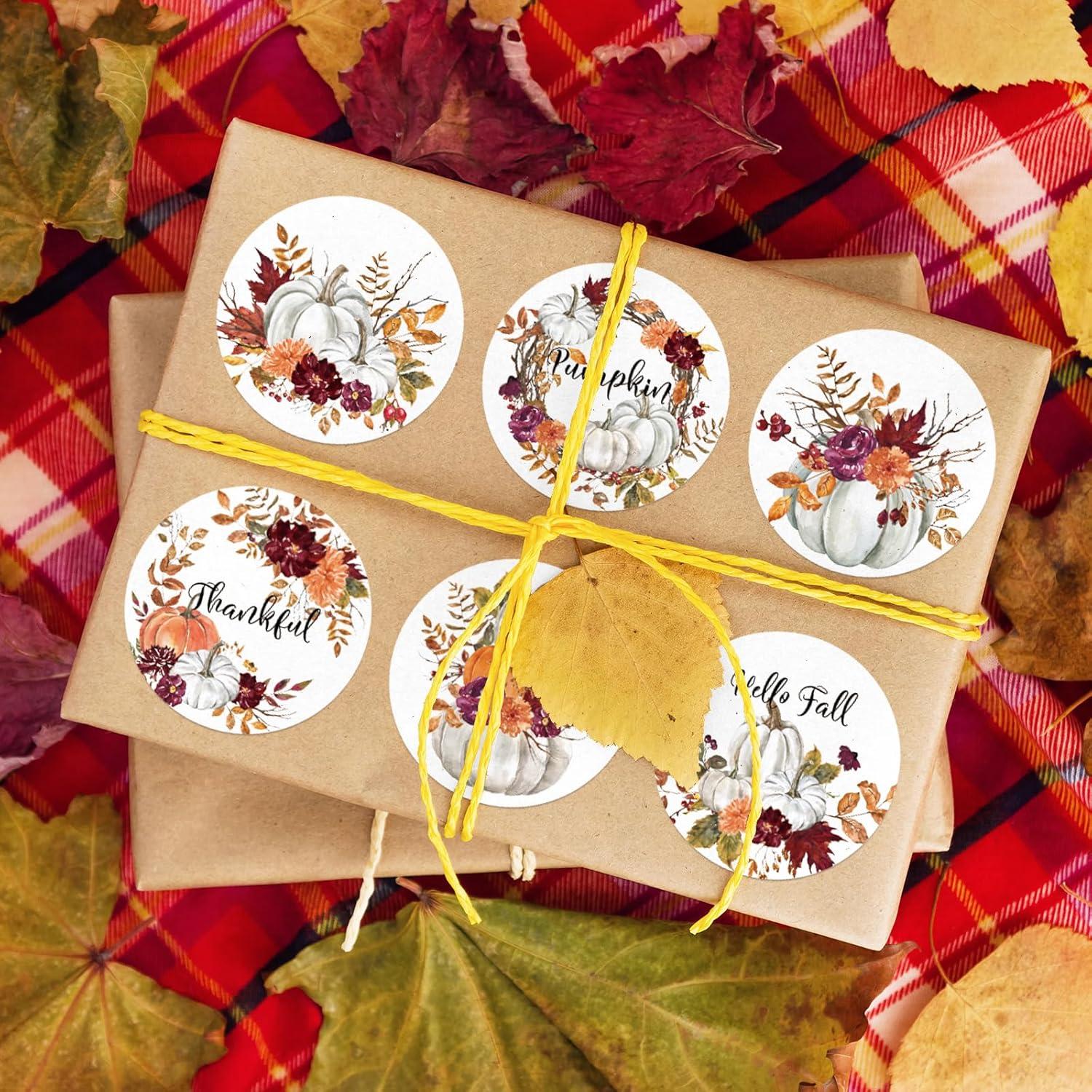 imageWhaline 1000Pcs Fall Thanksgiving Stickers Pumpkin Maple Leaf Autumn Round Stickers Sealing Labels for Thanksgiving Party Gift Supplies 8 DesignWhite Pumpkin