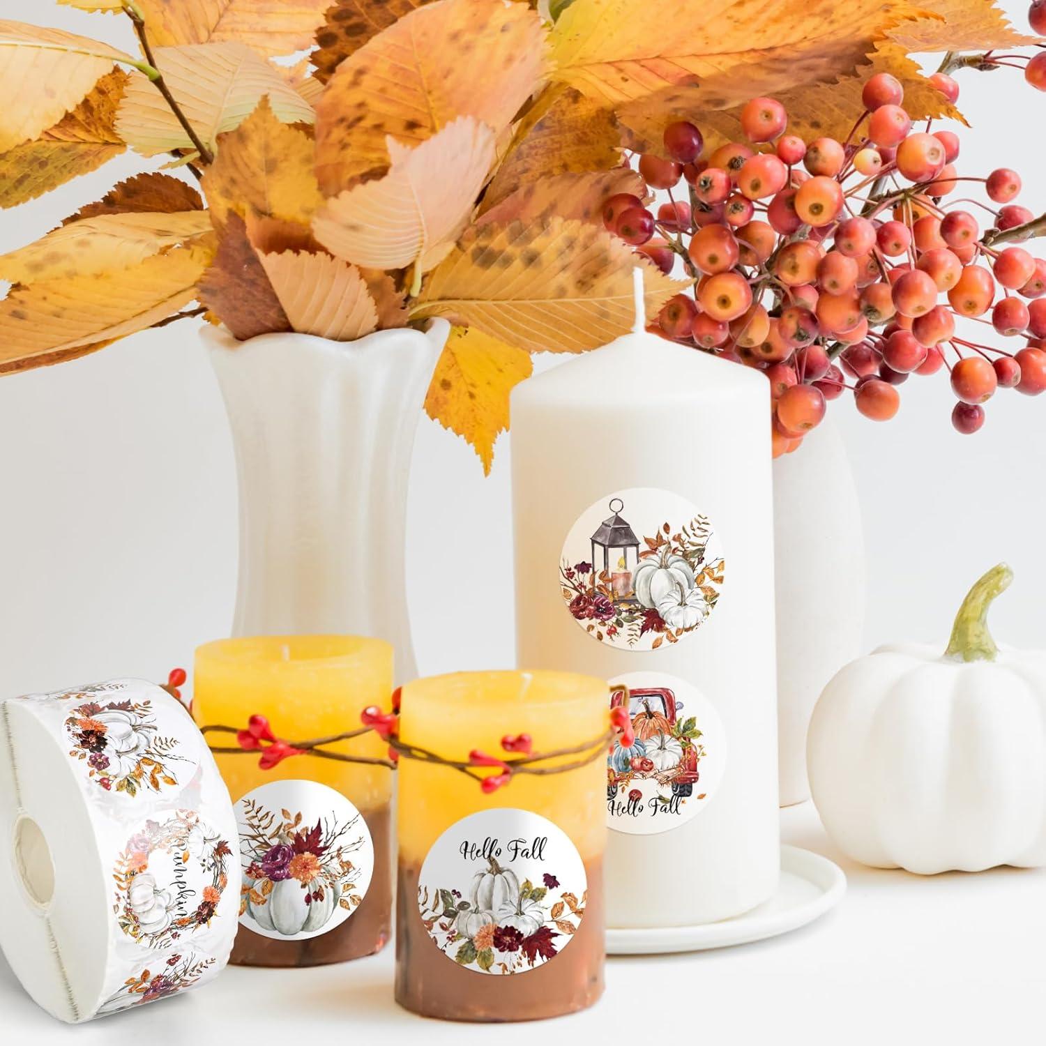 imageWhaline 1000Pcs Fall Thanksgiving Stickers Pumpkin Maple Leaf Autumn Round Stickers Sealing Labels for Thanksgiving Party Gift Supplies 8 DesignWhite Pumpkin