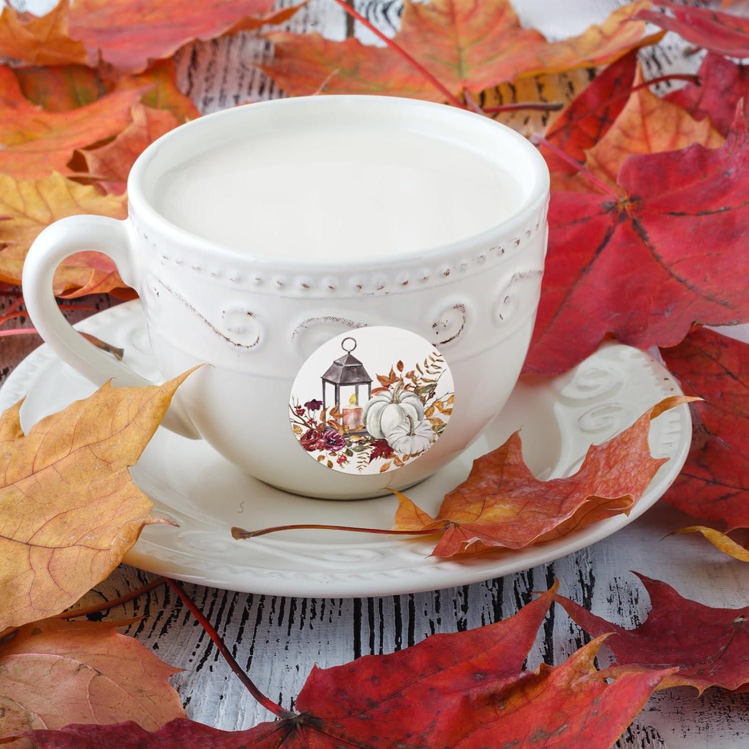 imageWhaline 1000Pcs Fall Thanksgiving Stickers Pumpkin Maple Leaf Autumn Round Stickers Sealing Labels for Thanksgiving Party Gift Supplies 8 DesignWhite Pumpkin