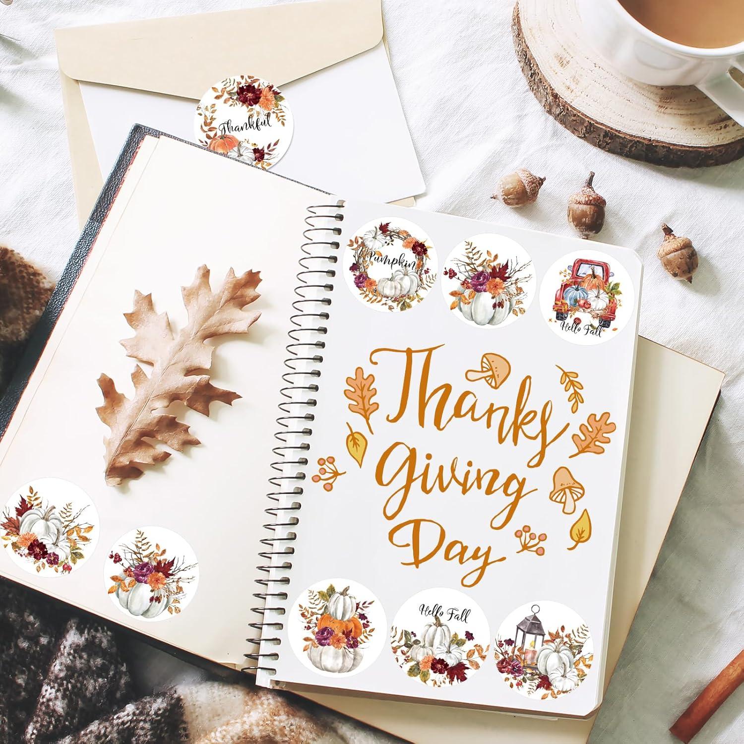 imageWhaline 1000Pcs Fall Thanksgiving Stickers Pumpkin Maple Leaf Autumn Round Stickers Sealing Labels for Thanksgiving Party Gift Supplies 8 DesignWhite Pumpkin
