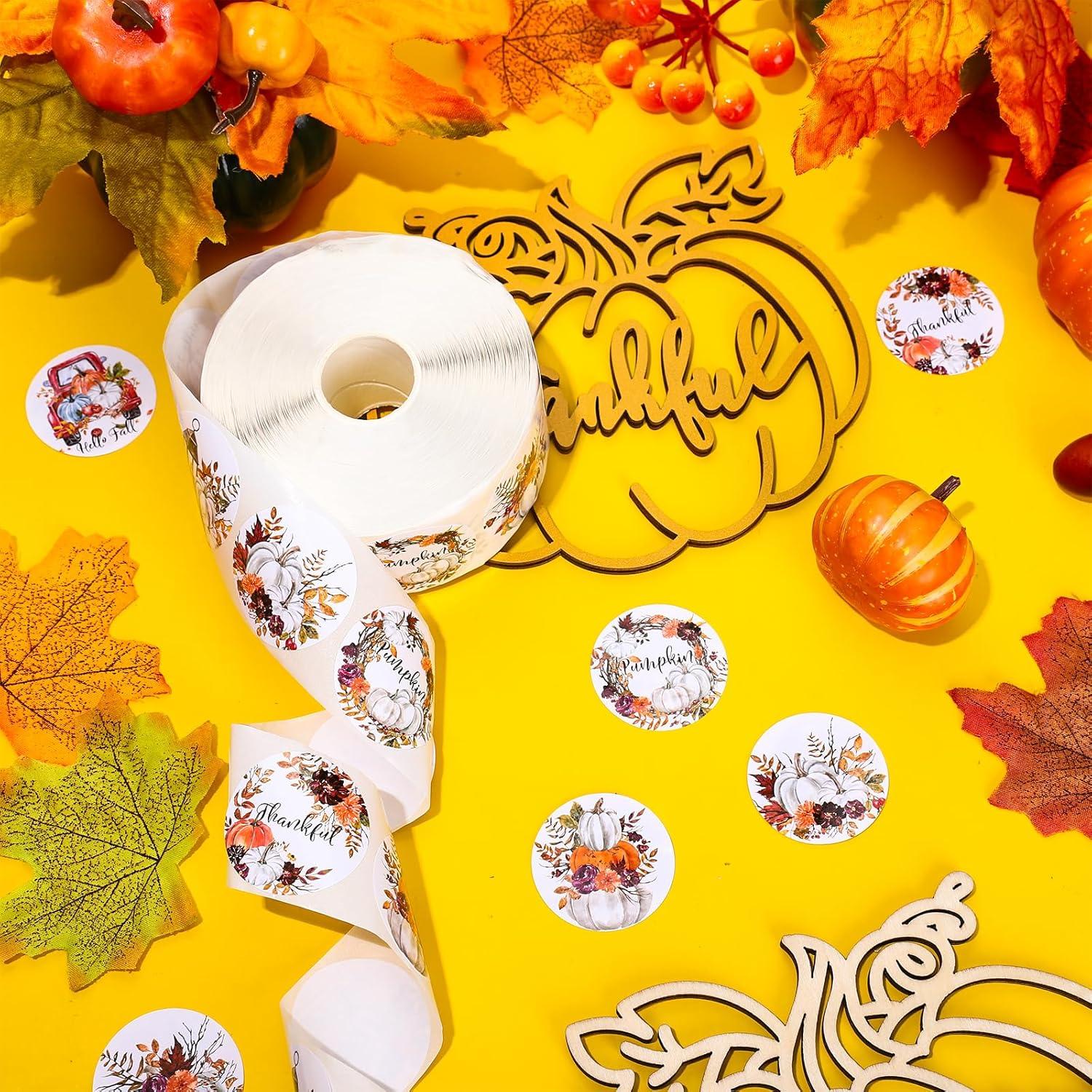 imageWhaline 1000Pcs Fall Thanksgiving Stickers Pumpkin Maple Leaf Autumn Round Stickers Sealing Labels for Thanksgiving Party Gift Supplies 8 DesignWhite Pumpkin