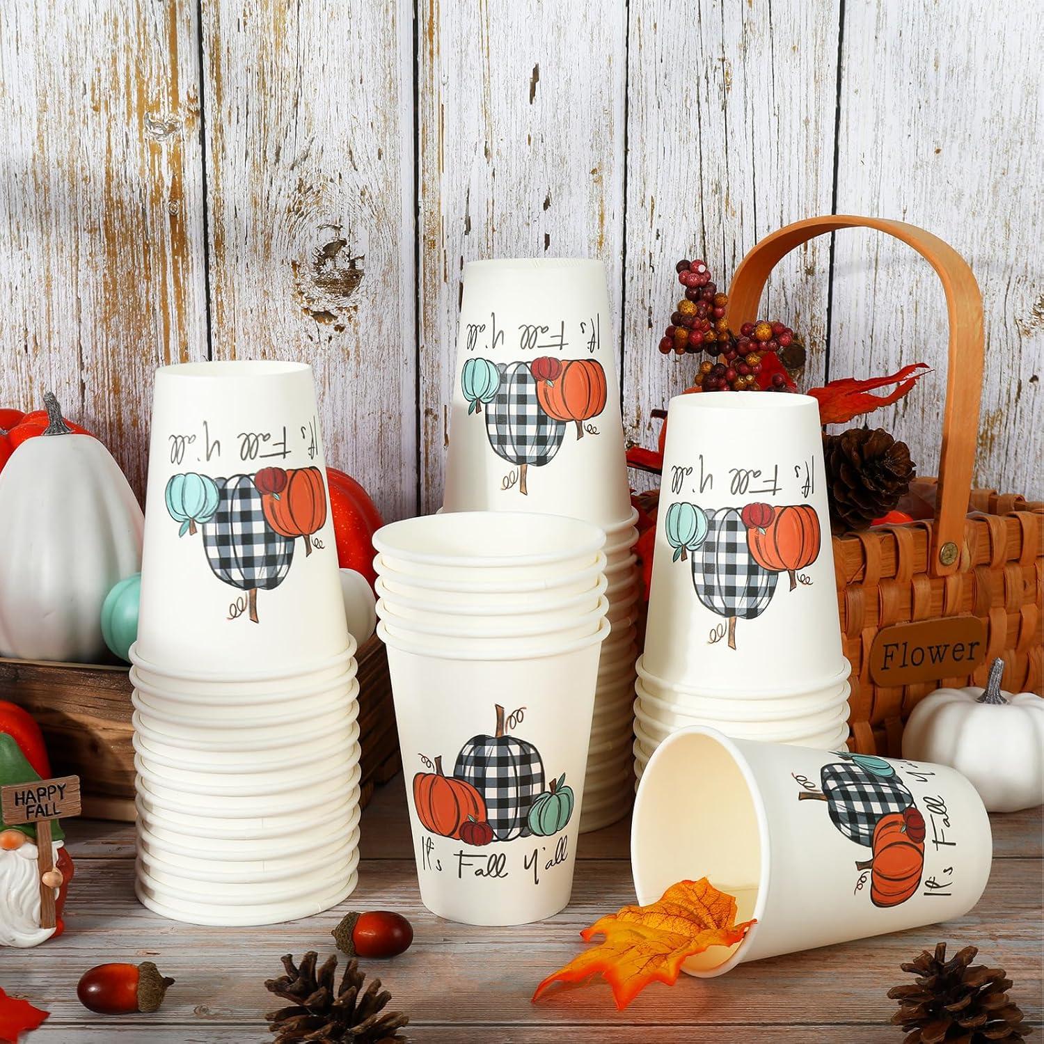 imageWhaline 100Pcs Fall Pumpkin Paper Cups 9 Oz Thanksgiving Pumpkin Disposable Paper Cups Autumn Harvest Pumpkins Party Cups for Juice Coffee Hot Cold Drink Autumn Thanksgiving Party Supplies12oz