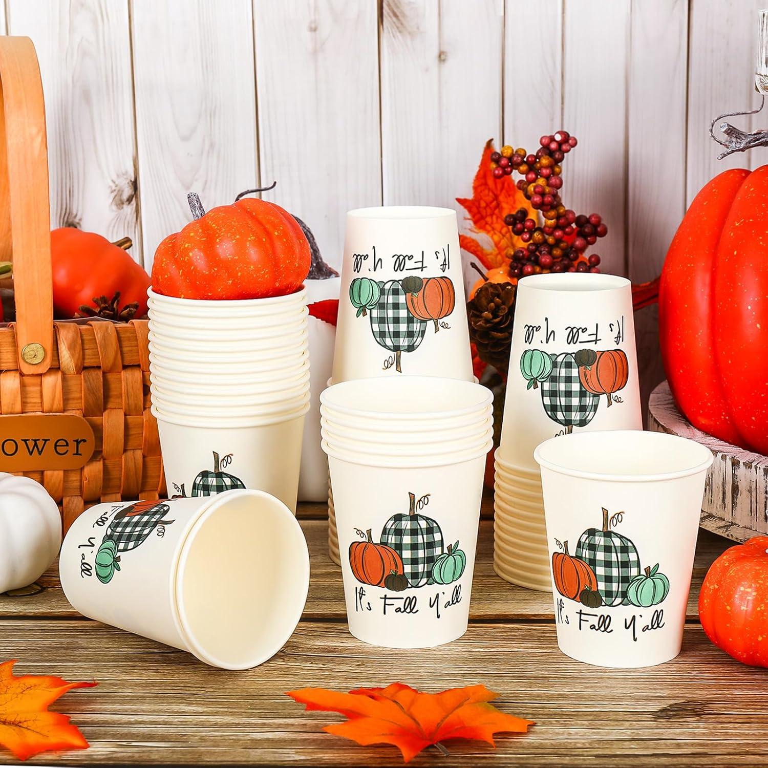 imageWhaline 100Pcs Fall Pumpkin Paper Cups 9 Oz Thanksgiving Pumpkin Disposable Paper Cups Autumn Harvest Pumpkins Party Cups for Juice Coffee Hot Cold Drink Autumn Thanksgiving Party Supplies9oz