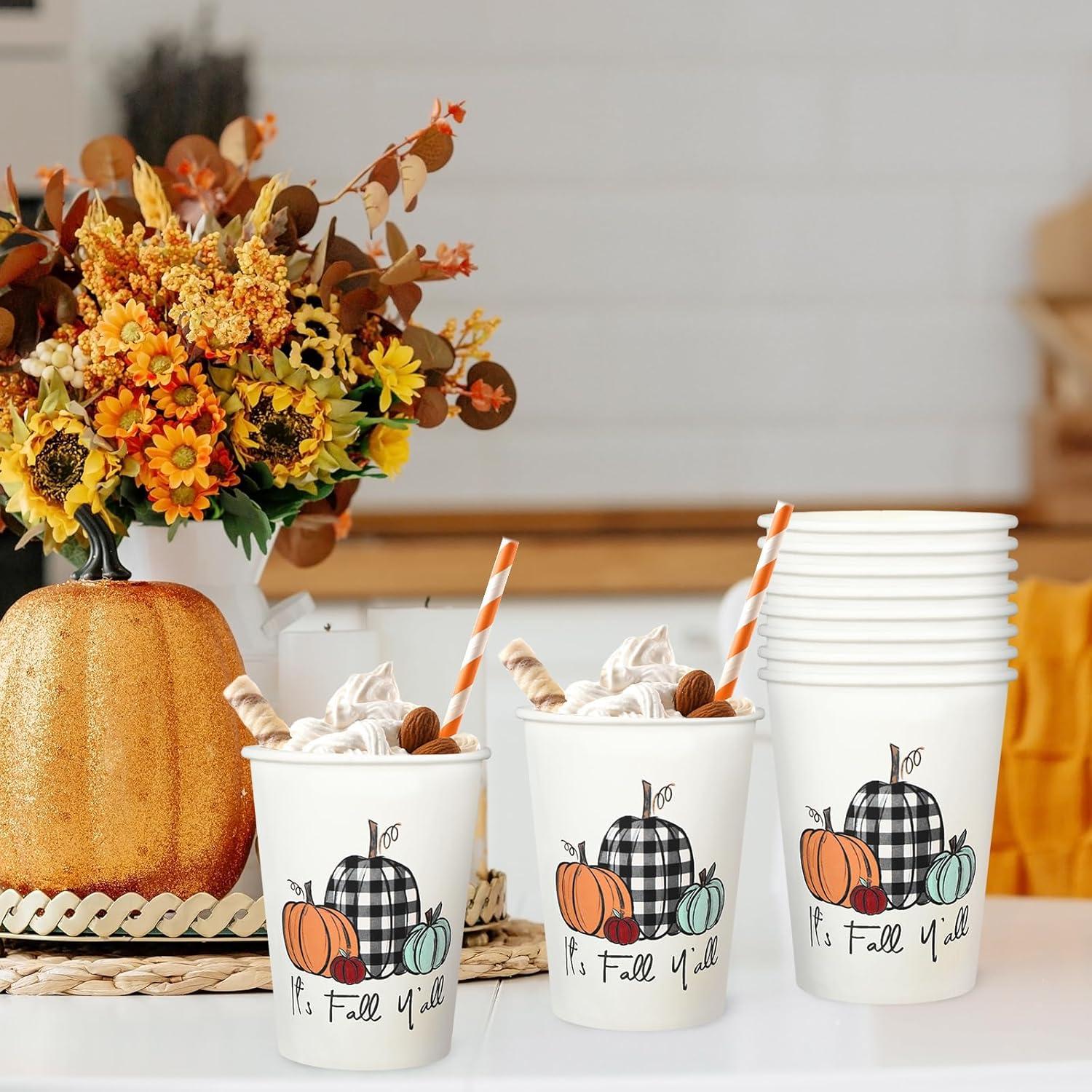 imageWhaline 100Pcs Fall Pumpkin Paper Cups 9 Oz Thanksgiving Pumpkin Disposable Paper Cups Autumn Harvest Pumpkins Party Cups for Juice Coffee Hot Cold Drink Autumn Thanksgiving Party Supplies12oz