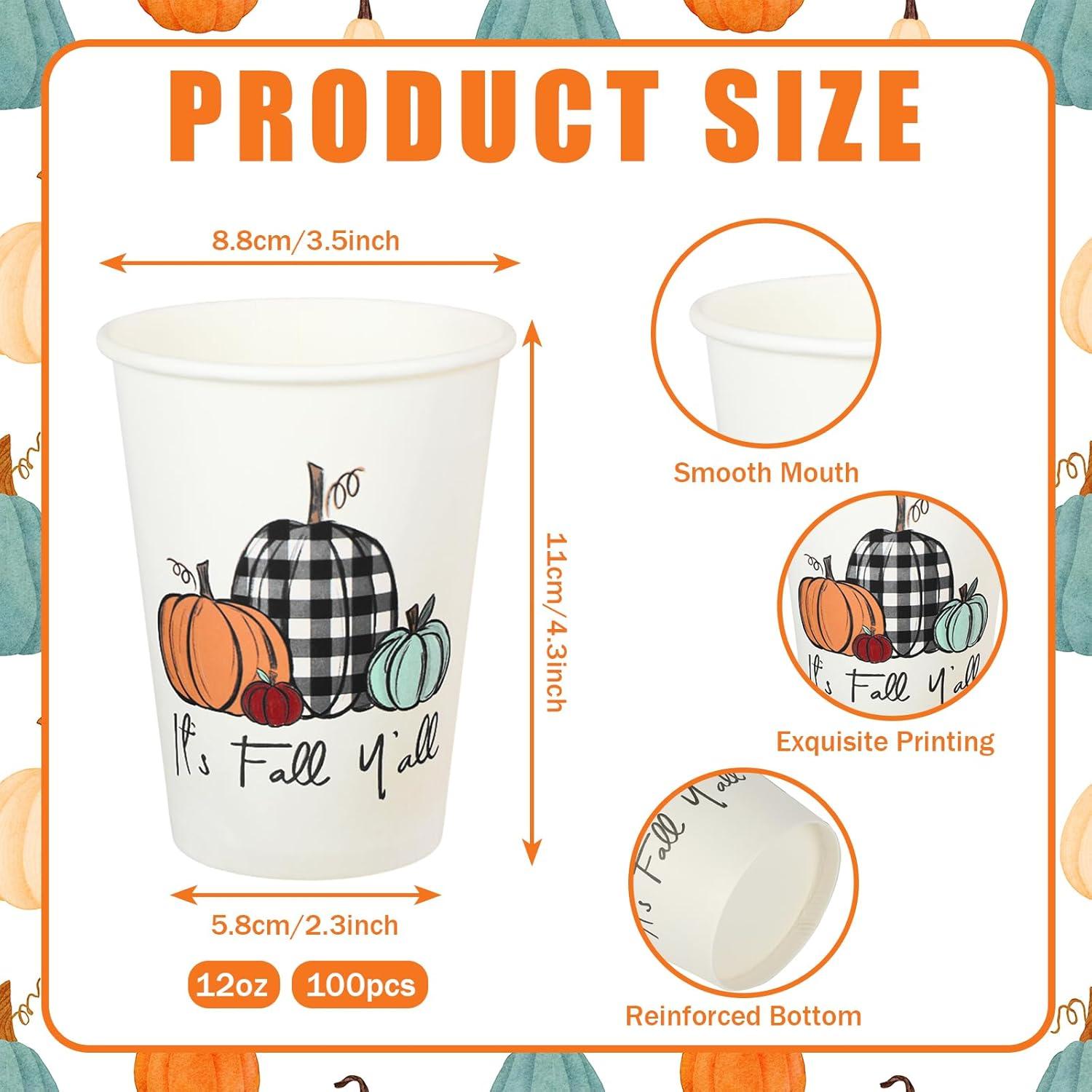 imageWhaline 100Pcs Fall Pumpkin Paper Cups 9 Oz Thanksgiving Pumpkin Disposable Paper Cups Autumn Harvest Pumpkins Party Cups for Juice Coffee Hot Cold Drink Autumn Thanksgiving Party Supplies12oz