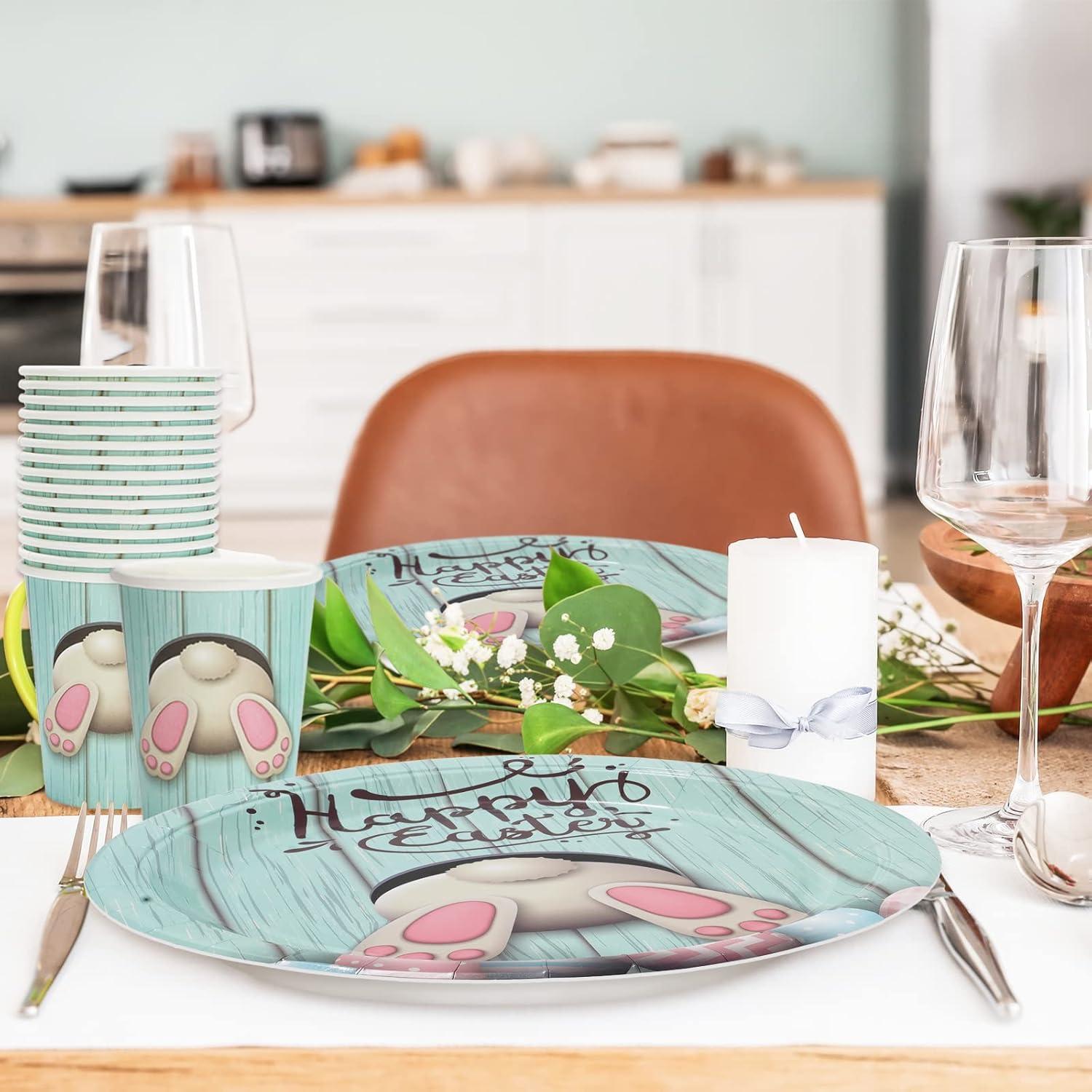 imageWhaline 100Pcs Fall Tableware Set Colorful Pumpkin Autumn Leaves Disposable Dinnerware Set 50Pcs Paper Plates 25Pcs Napkin 25Pcs Cups for Holiday Thanksgiving Birthday Party Supplies Table DecorationsEaster Bunny Egg