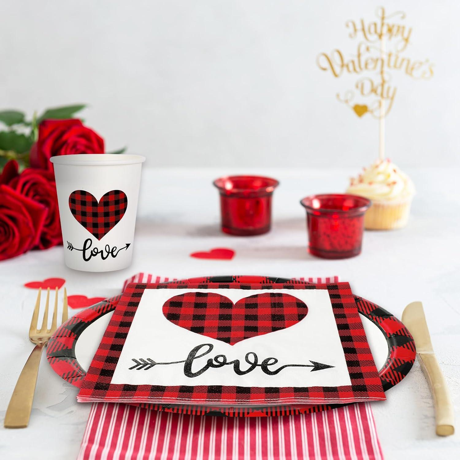 imageWhaline 100Pcs Fall Tableware Set Colorful Pumpkin Autumn Leaves Disposable Dinnerware Set 50Pcs Paper Plates 25Pcs Napkin 25Pcs Cups for Holiday Thanksgiving Birthday Party Supplies Table DecorationsValentines Day Plaid Love Heart