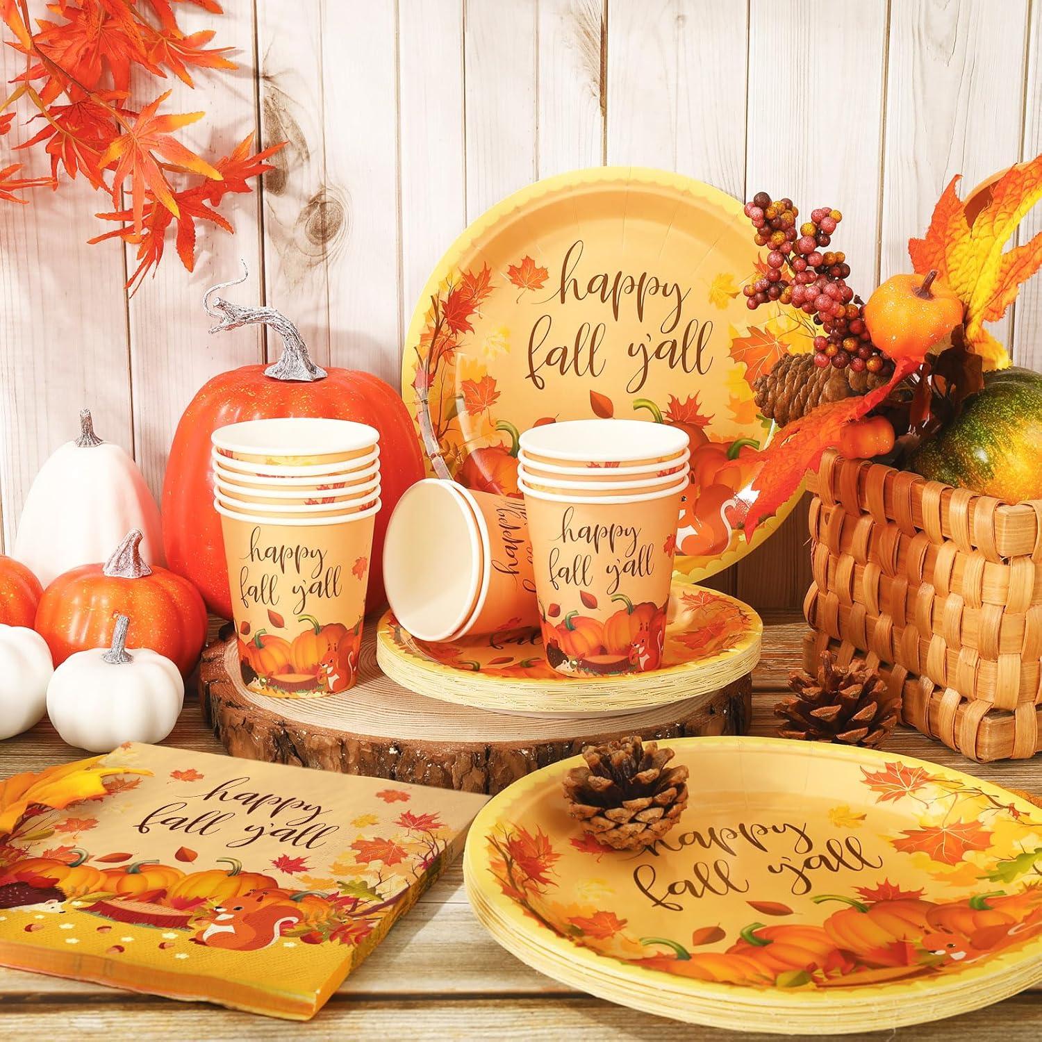 imageWhaline 100Pcs Fall Tableware Set Colorful Pumpkin Autumn Leaves Disposable Dinnerware Set 50Pcs Paper Plates 25Pcs Napkin 25Pcs Cups for Holiday Thanksgiving Birthday Party Supplies Table DecorationsFall Cute