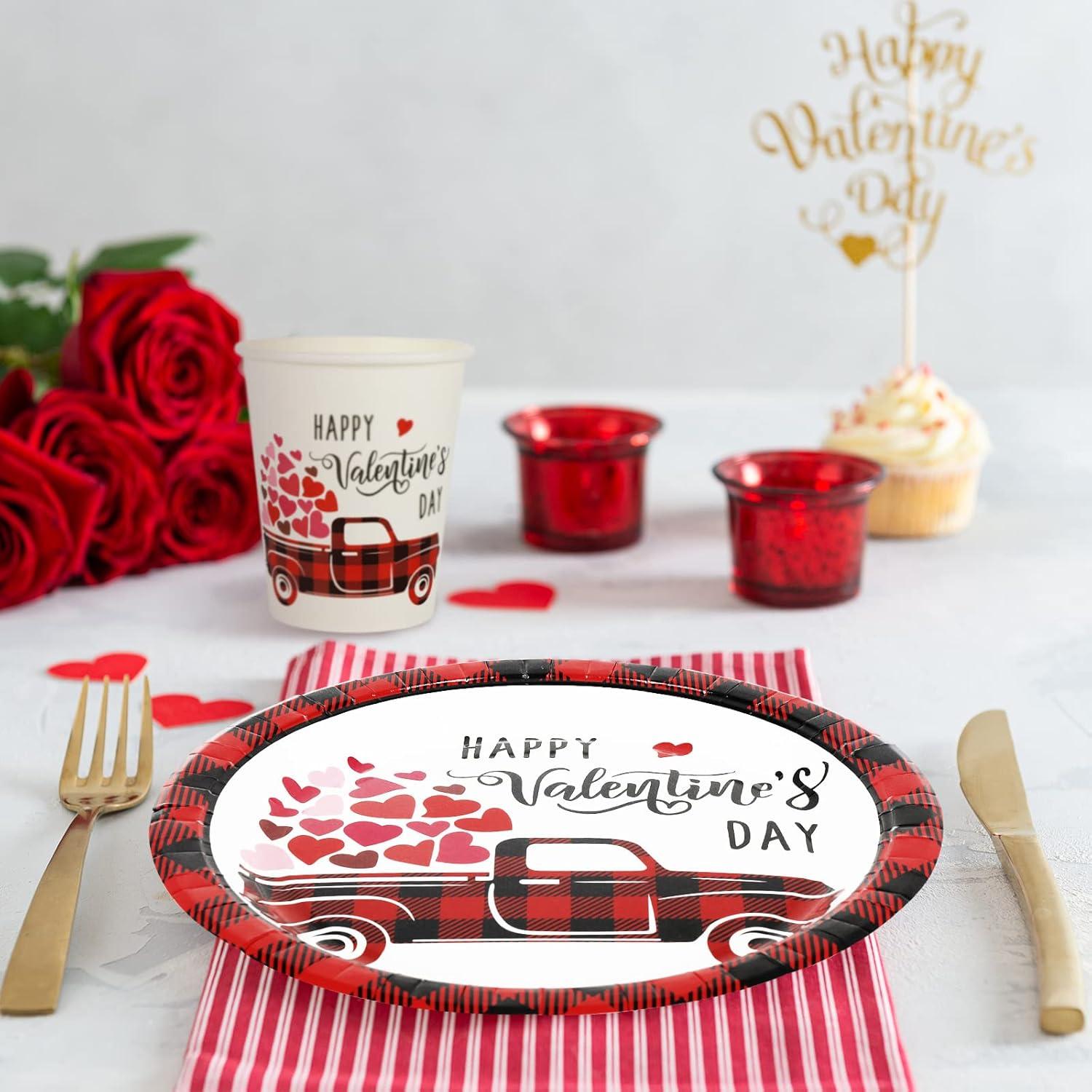 imageWhaline 100Pcs Fall Tableware Set Colorful Pumpkin Autumn Leaves Disposable Dinnerware Set 50Pcs Paper Plates 25Pcs Napkin 25Pcs Cups for Holiday Thanksgiving Birthday Party Supplies Table DecorationsValentines Day Plaid Heart Truck