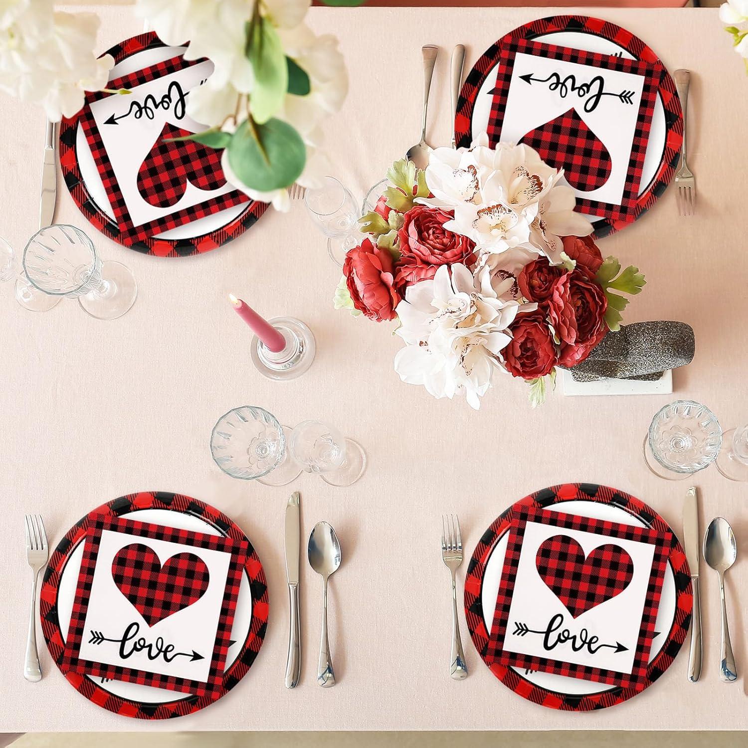 imageWhaline 100Pcs Fall Tableware Set Colorful Pumpkin Autumn Leaves Disposable Dinnerware Set 50Pcs Paper Plates 25Pcs Napkin 25Pcs Cups for Holiday Thanksgiving Birthday Party Supplies Table DecorationsValentines Day Plaid Love Heart