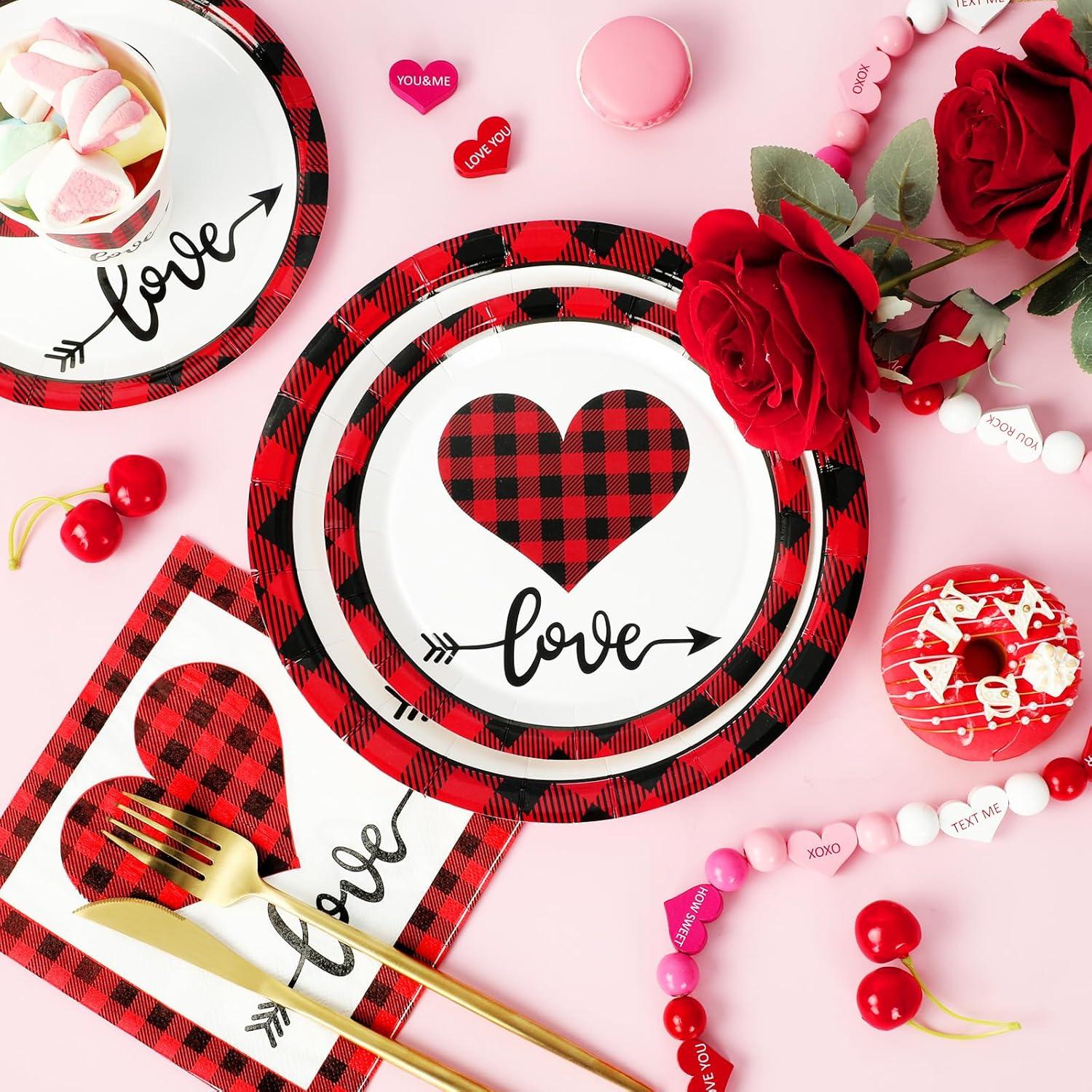 imageWhaline 100Pcs Fall Tableware Set Colorful Pumpkin Autumn Leaves Disposable Dinnerware Set 50Pcs Paper Plates 25Pcs Napkin 25Pcs Cups for Holiday Thanksgiving Birthday Party Supplies Table DecorationsValentines Day Plaid Love Heart