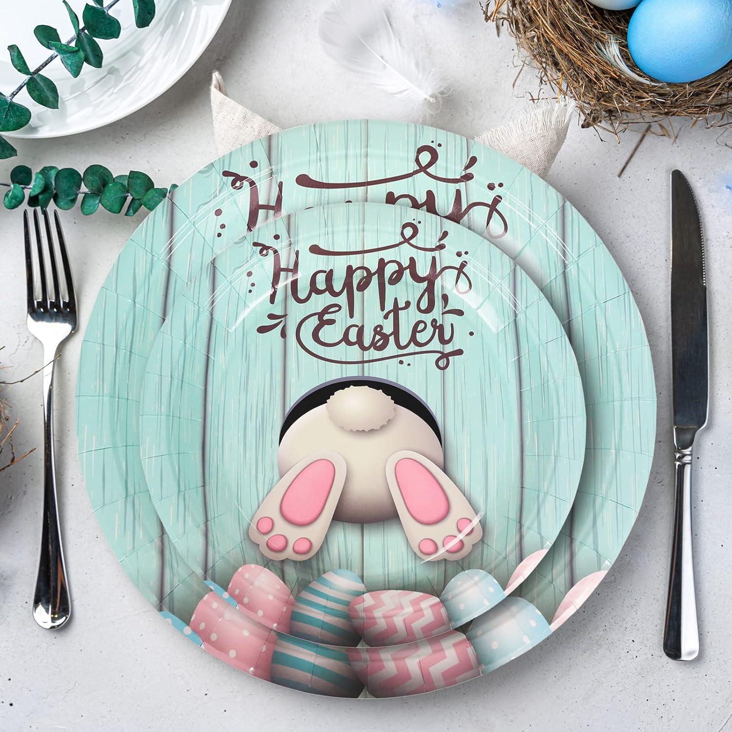 imageWhaline 100Pcs Fall Tableware Set Colorful Pumpkin Autumn Leaves Disposable Dinnerware Set 50Pcs Paper Plates 25Pcs Napkin 25Pcs Cups for Holiday Thanksgiving Birthday Party Supplies Table DecorationsEaster Bunny Egg