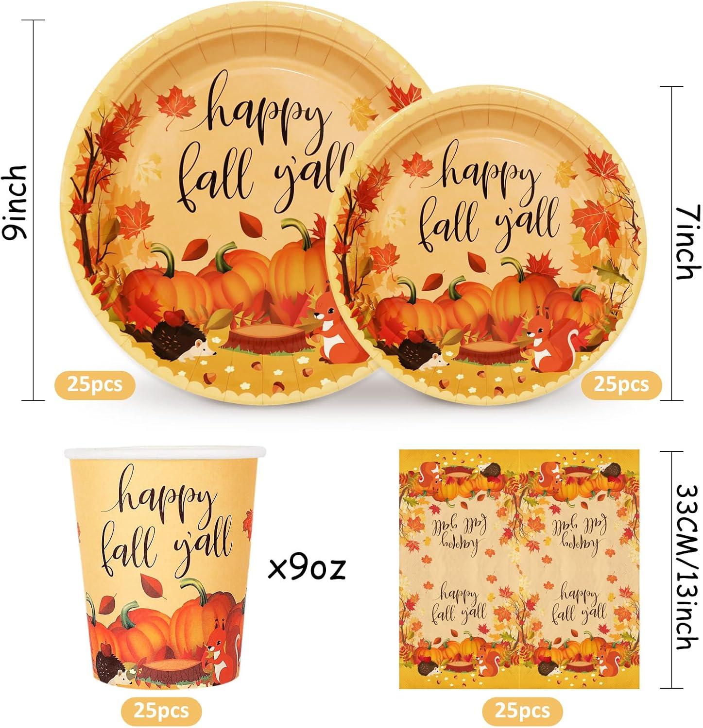 imageWhaline 100Pcs Fall Tableware Set Colorful Pumpkin Autumn Leaves Disposable Dinnerware Set 50Pcs Paper Plates 25Pcs Napkin 25Pcs Cups for Holiday Thanksgiving Birthday Party Supplies Table DecorationsFall Cute