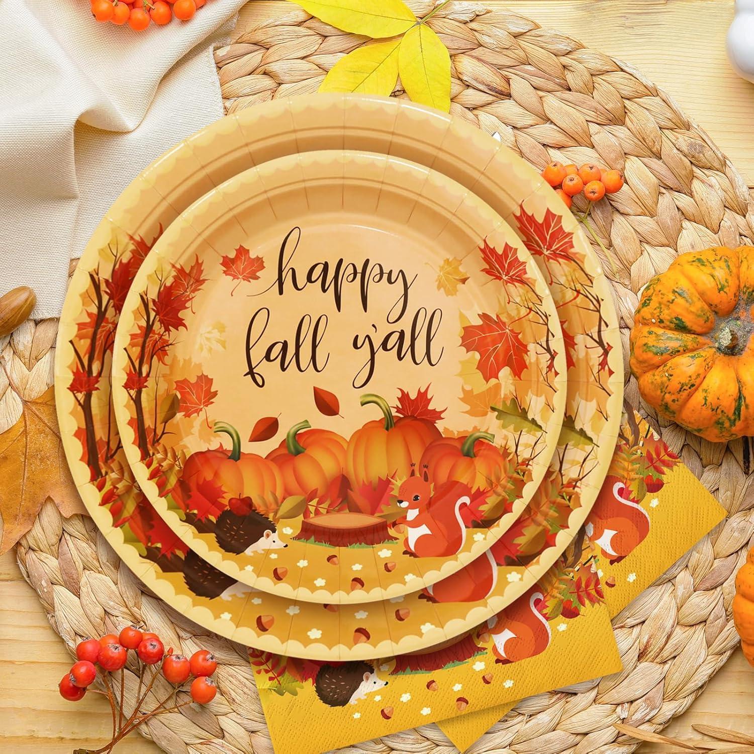 imageWhaline 100Pcs Fall Tableware Set Colorful Pumpkin Autumn Leaves Disposable Dinnerware Set 50Pcs Paper Plates 25Pcs Napkin 25Pcs Cups for Holiday Thanksgiving Birthday Party Supplies Table DecorationsFall Cute