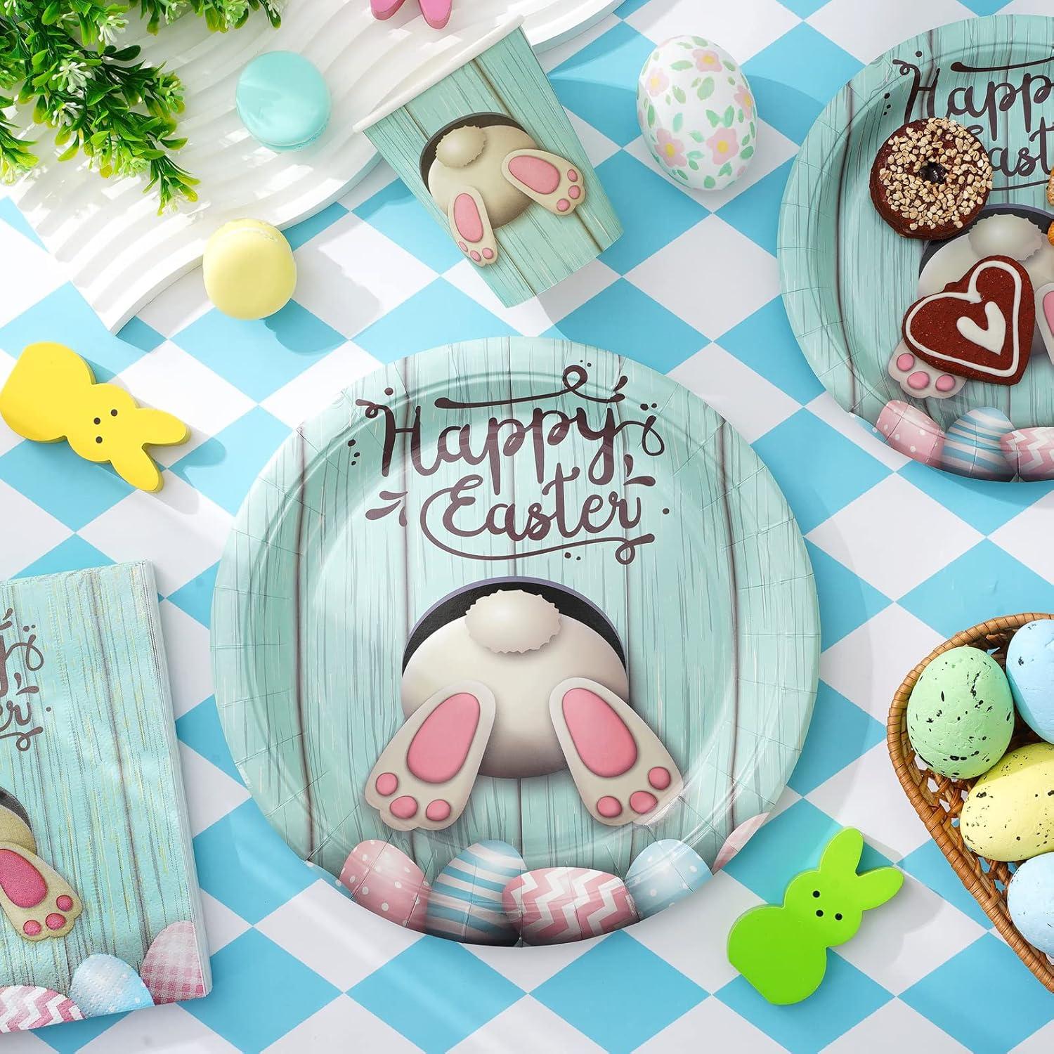 imageWhaline 100Pcs Fall Tableware Set Colorful Pumpkin Autumn Leaves Disposable Dinnerware Set 50Pcs Paper Plates 25Pcs Napkin 25Pcs Cups for Holiday Thanksgiving Birthday Party Supplies Table DecorationsEaster Bunny Egg