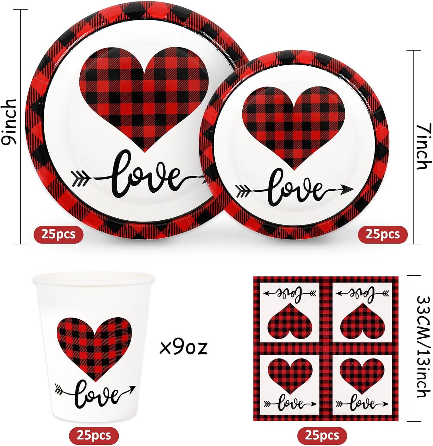 imageWhaline 100Pcs Fall Tableware Set Colorful Pumpkin Autumn Leaves Disposable Dinnerware Set 50Pcs Paper Plates 25Pcs Napkin 25Pcs Cups for Holiday Thanksgiving Birthday Party Supplies Table DecorationsValentines Day Plaid Love Heart