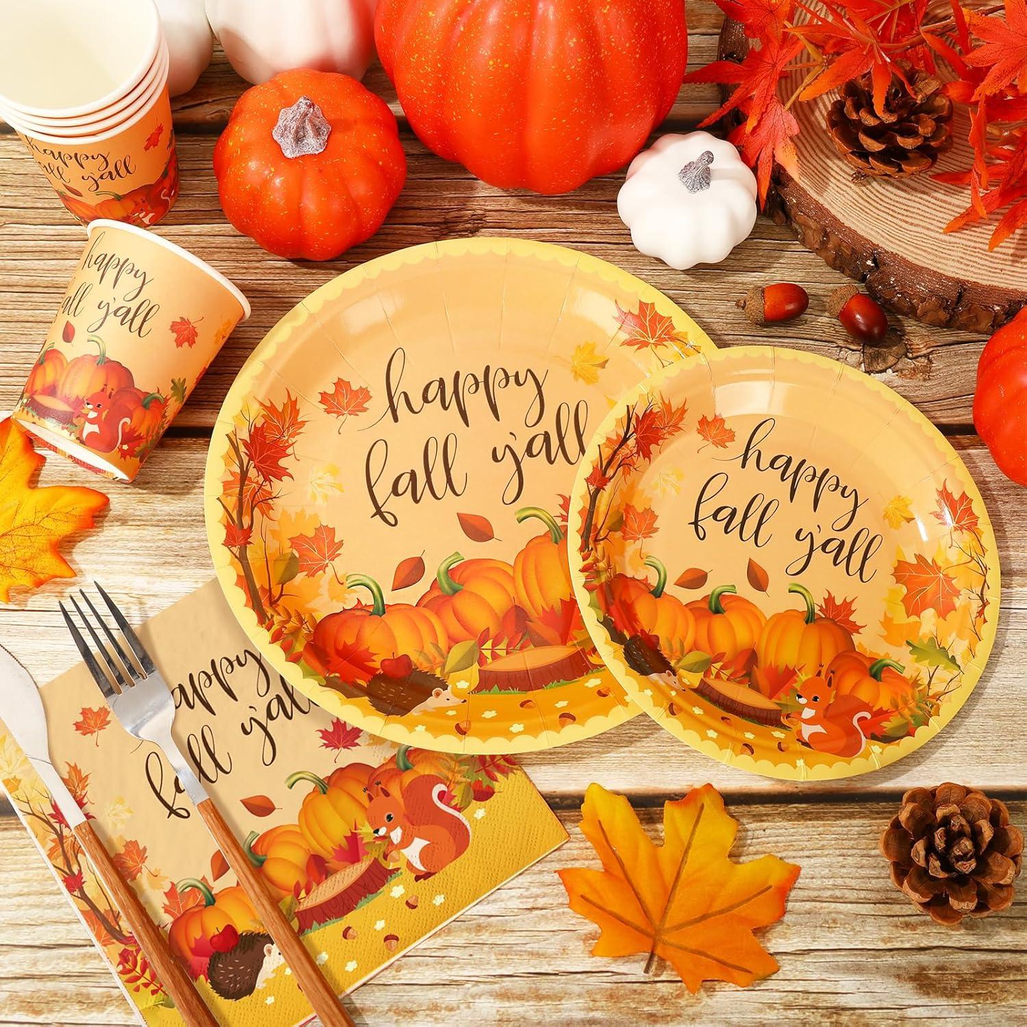imageWhaline 100Pcs Fall Tableware Set Colorful Pumpkin Autumn Leaves Disposable Dinnerware Set 50Pcs Paper Plates 25Pcs Napkin 25Pcs Cups for Holiday Thanksgiving Birthday Party Supplies Table DecorationsFall Cute