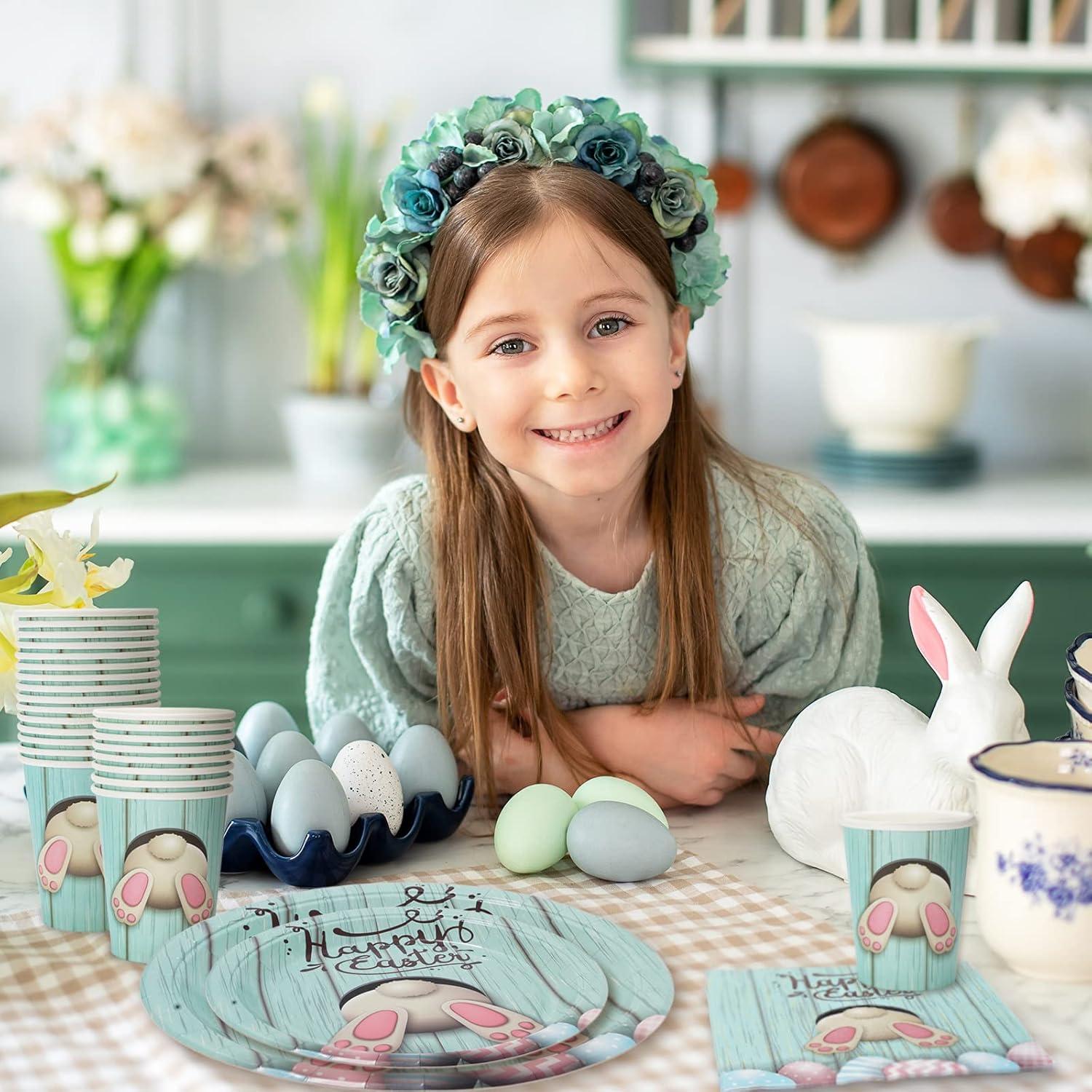 imageWhaline 100Pcs Fall Tableware Set Colorful Pumpkin Autumn Leaves Disposable Dinnerware Set 50Pcs Paper Plates 25Pcs Napkin 25Pcs Cups for Holiday Thanksgiving Birthday Party Supplies Table DecorationsEaster Bunny Egg