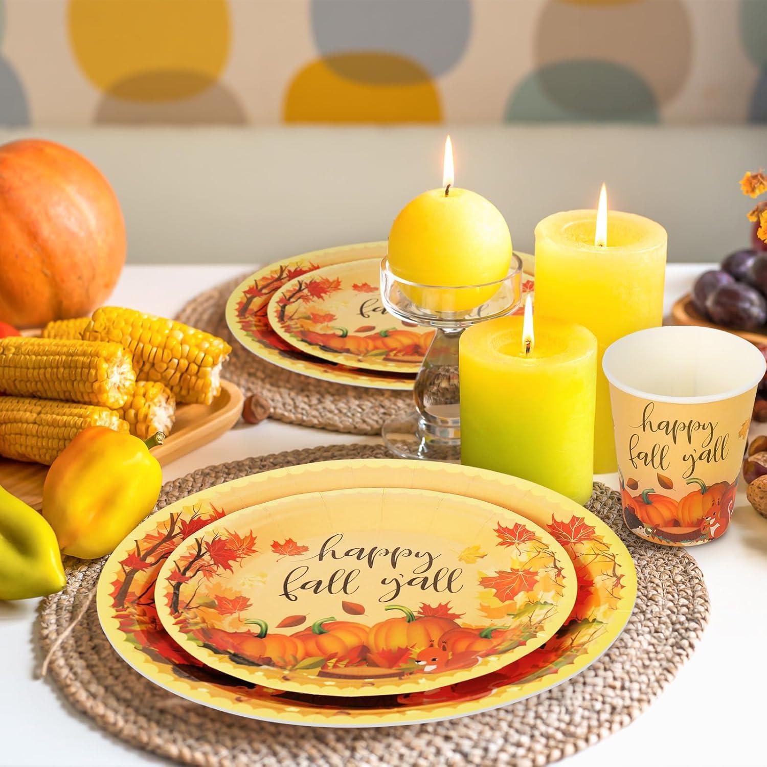 imageWhaline 100Pcs Fall Tableware Set Colorful Pumpkin Autumn Leaves Disposable Dinnerware Set 50Pcs Paper Plates 25Pcs Napkin 25Pcs Cups for Holiday Thanksgiving Birthday Party Supplies Table DecorationsFall Cute
