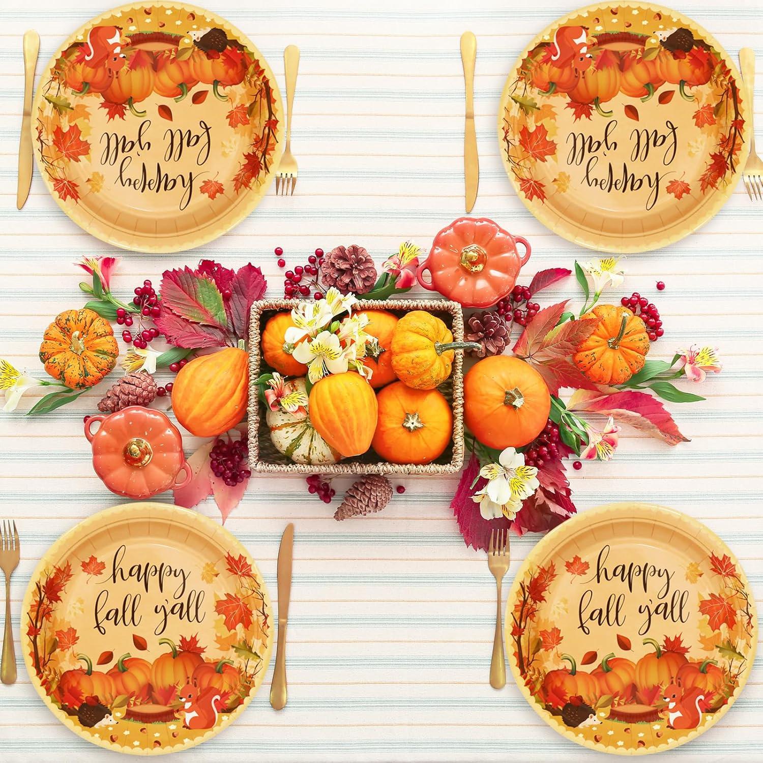 imageWhaline 100Pcs Fall Tableware Set Colorful Pumpkin Autumn Leaves Disposable Dinnerware Set 50Pcs Paper Plates 25Pcs Napkin 25Pcs Cups for Holiday Thanksgiving Birthday Party Supplies Table DecorationsFall Cute