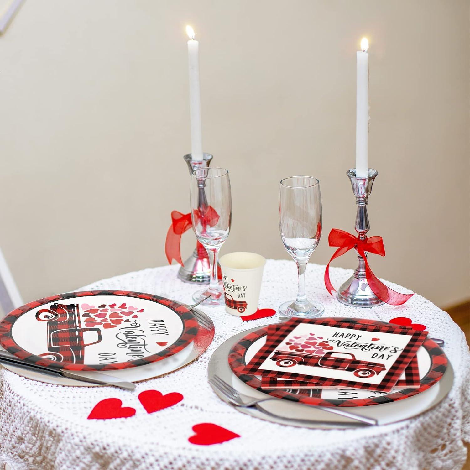 imageWhaline 100Pcs Fall Tableware Set Colorful Pumpkin Autumn Leaves Disposable Dinnerware Set 50Pcs Paper Plates 25Pcs Napkin 25Pcs Cups for Holiday Thanksgiving Birthday Party Supplies Table DecorationsValentines Day Plaid Heart Truck