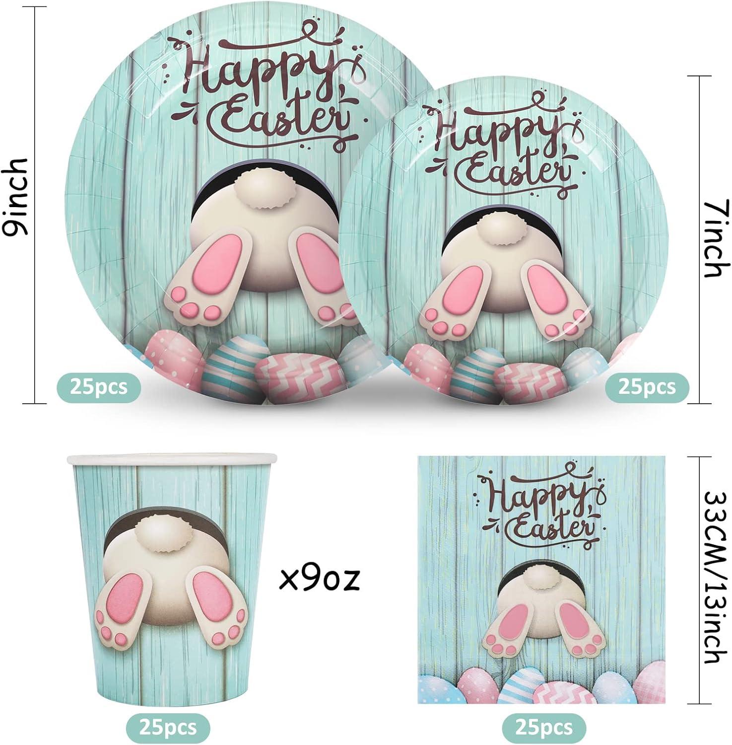 imageWhaline 100Pcs Fall Tableware Set Colorful Pumpkin Autumn Leaves Disposable Dinnerware Set 50Pcs Paper Plates 25Pcs Napkin 25Pcs Cups for Holiday Thanksgiving Birthday Party Supplies Table DecorationsEaster Bunny Egg