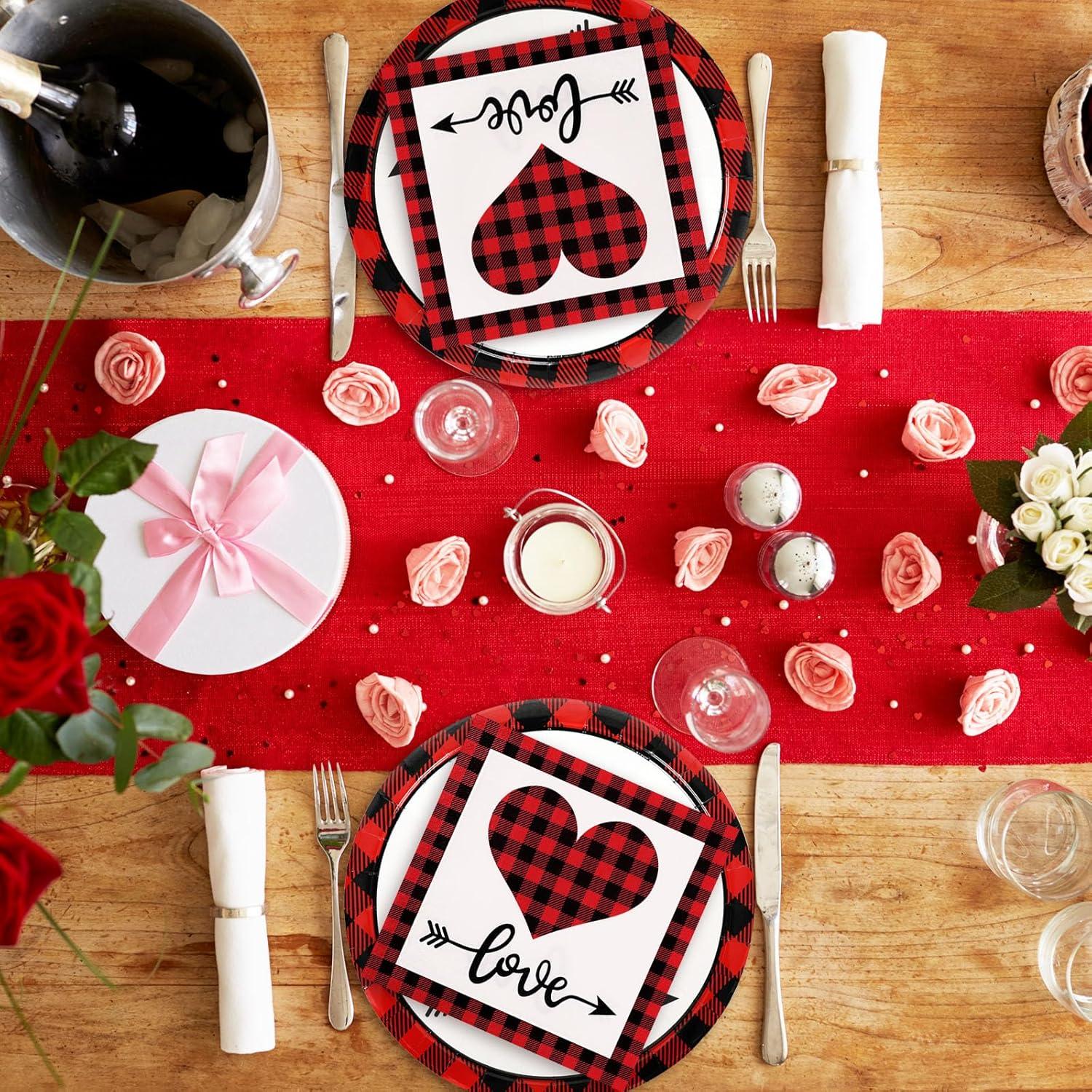 imageWhaline 100Pcs Fall Tableware Set Colorful Pumpkin Autumn Leaves Disposable Dinnerware Set 50Pcs Paper Plates 25Pcs Napkin 25Pcs Cups for Holiday Thanksgiving Birthday Party Supplies Table DecorationsValentines Day Plaid Love Heart