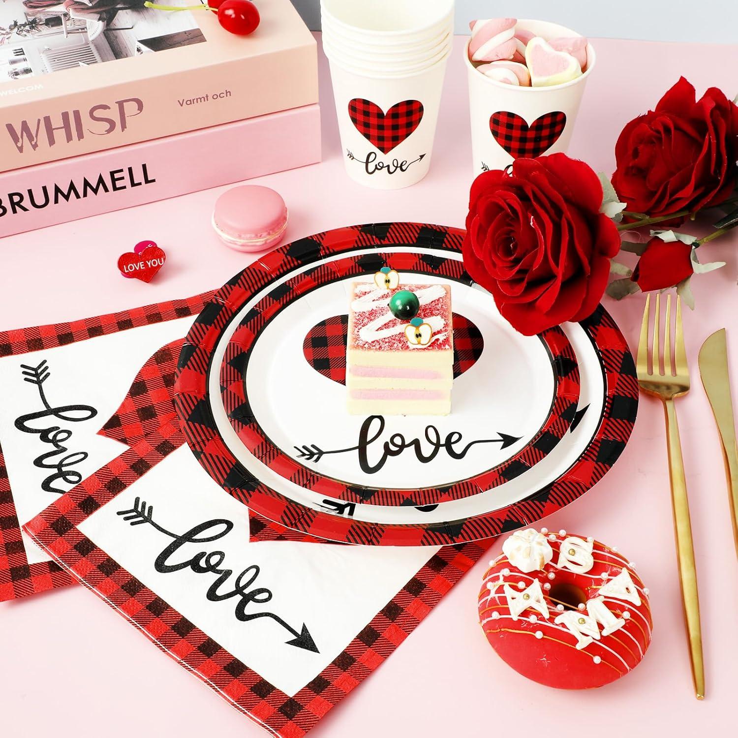 imageWhaline 100Pcs Fall Tableware Set Colorful Pumpkin Autumn Leaves Disposable Dinnerware Set 50Pcs Paper Plates 25Pcs Napkin 25Pcs Cups for Holiday Thanksgiving Birthday Party Supplies Table DecorationsValentines Day Plaid Love Heart