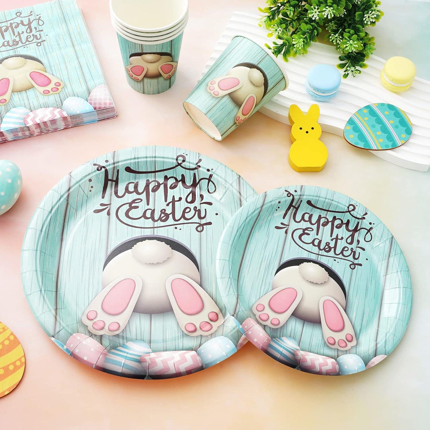 imageWhaline 100Pcs Fall Tableware Set Colorful Pumpkin Autumn Leaves Disposable Dinnerware Set 50Pcs Paper Plates 25Pcs Napkin 25Pcs Cups for Holiday Thanksgiving Birthday Party Supplies Table DecorationsEaster Bunny Egg