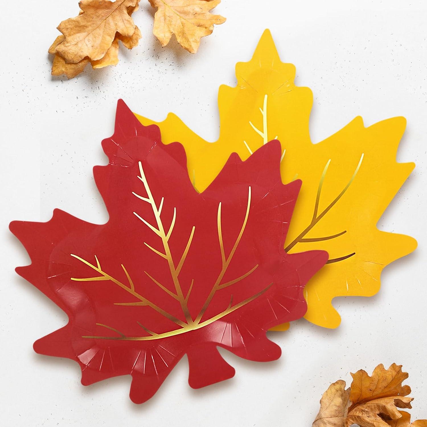 imageWhaline 30Pcs Thanksgiving Fall Leaf Paper Plates Fall Disposable Plates 3 Colors Gold Foil Autumn Leaves Harvest Plates for Thanksgiving Wedding Event Holiday Dinner Tableware Supplies Decor