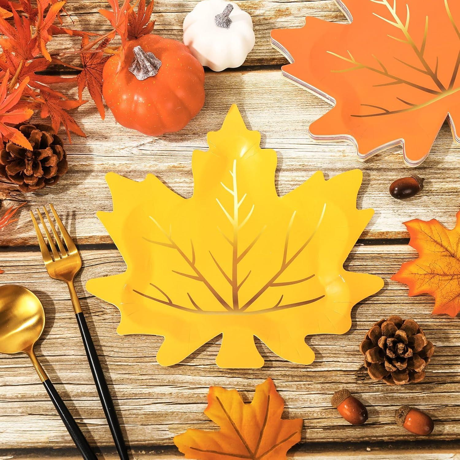 imageWhaline 30Pcs Thanksgiving Fall Leaf Paper Plates Fall Disposable Plates 3 Colors Gold Foil Autumn Leaves Harvest Plates for Thanksgiving Wedding Event Holiday Dinner Tableware Supplies Decor