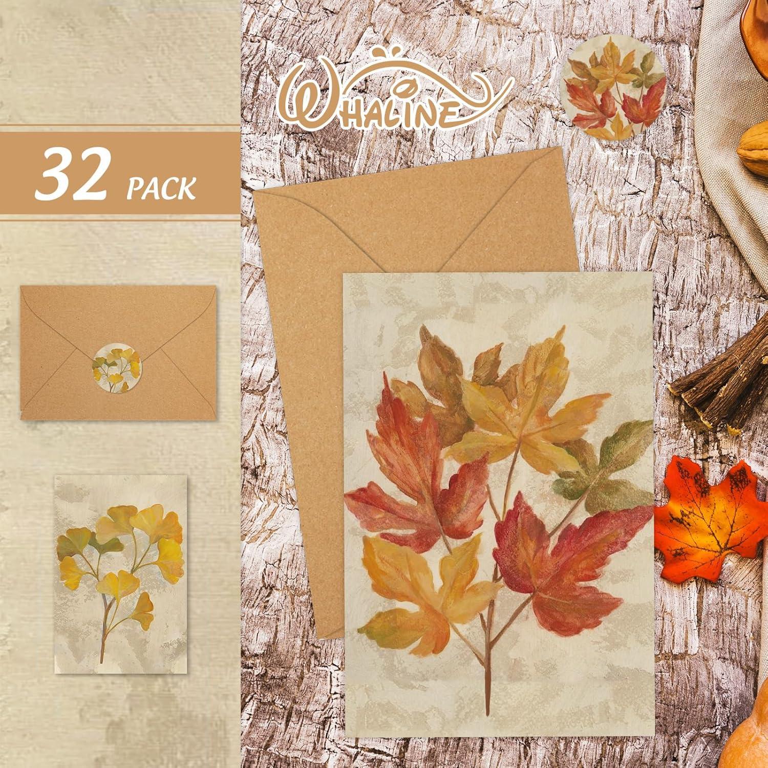 imageWhaline 32 Pack Fall Greeting Cards Retro Autumn Leaves Note Cards with Envelopes Stickers for Thanksgiving Harvest Wedding Birthday Baby Shower