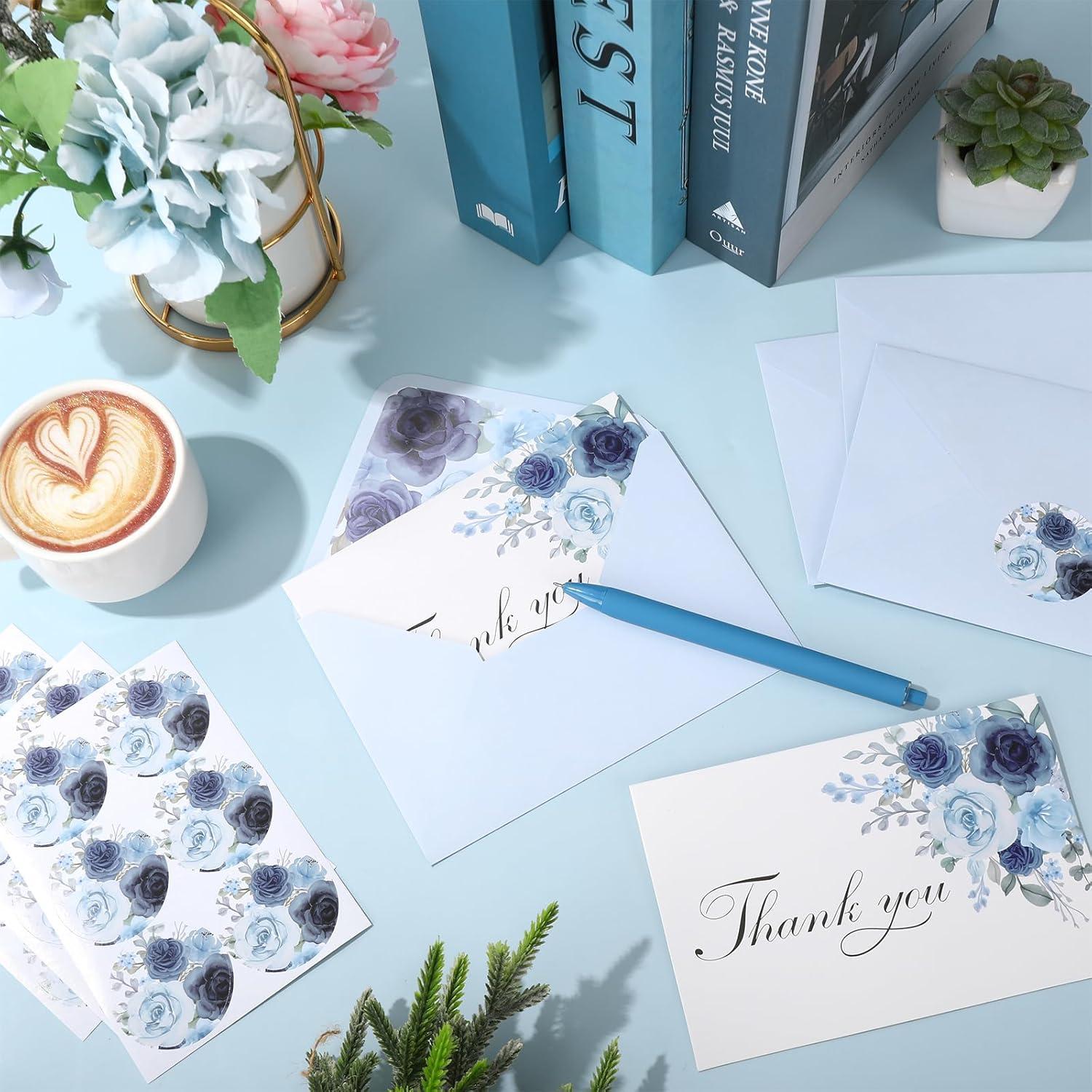 imageWhaline 36Pcs Watercolor Floral Thank You Cards with Envelopes and Stickers Orange Rose Greeting Cards Blank Note Cards for Weddings Bridal Shower Baby ShowerDusty Blue Floral