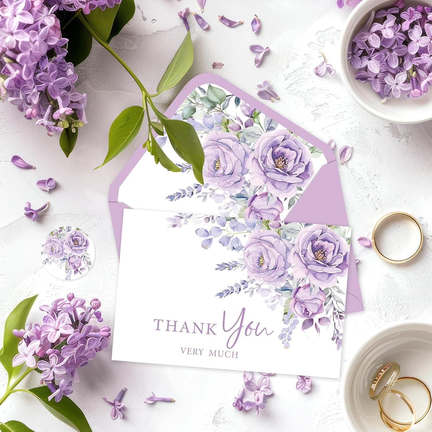 imageWhaline 36Pcs Watercolor Floral Thank You Cards with Envelopes and Stickers Orange Rose Greeting Cards Blank Note Cards for Weddings Bridal Shower Baby ShowerPurple Lavender