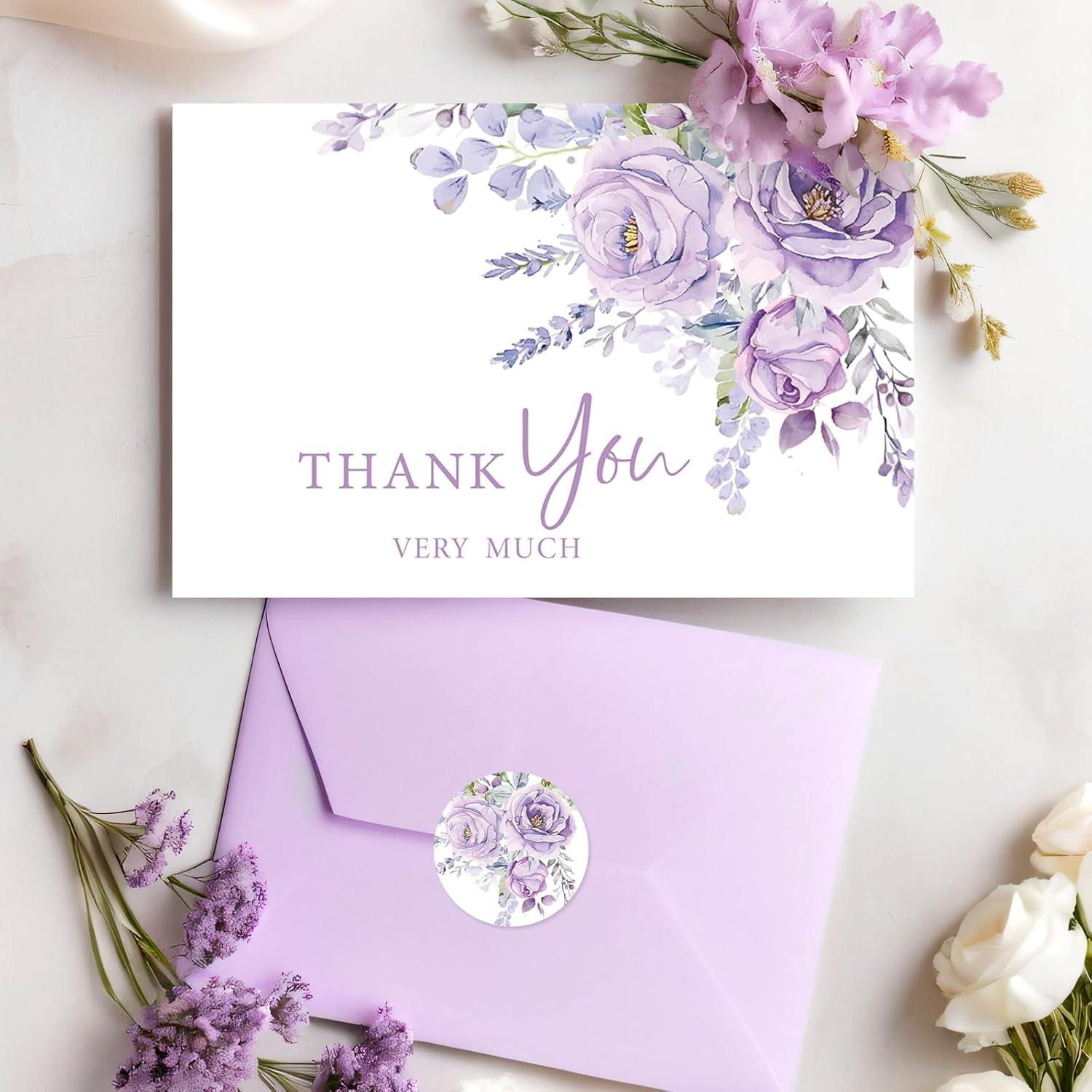 imageWhaline 36Pcs Watercolor Floral Thank You Cards with Envelopes and Stickers Orange Rose Greeting Cards Blank Note Cards for Weddings Bridal Shower Baby ShowerPurple Lavender