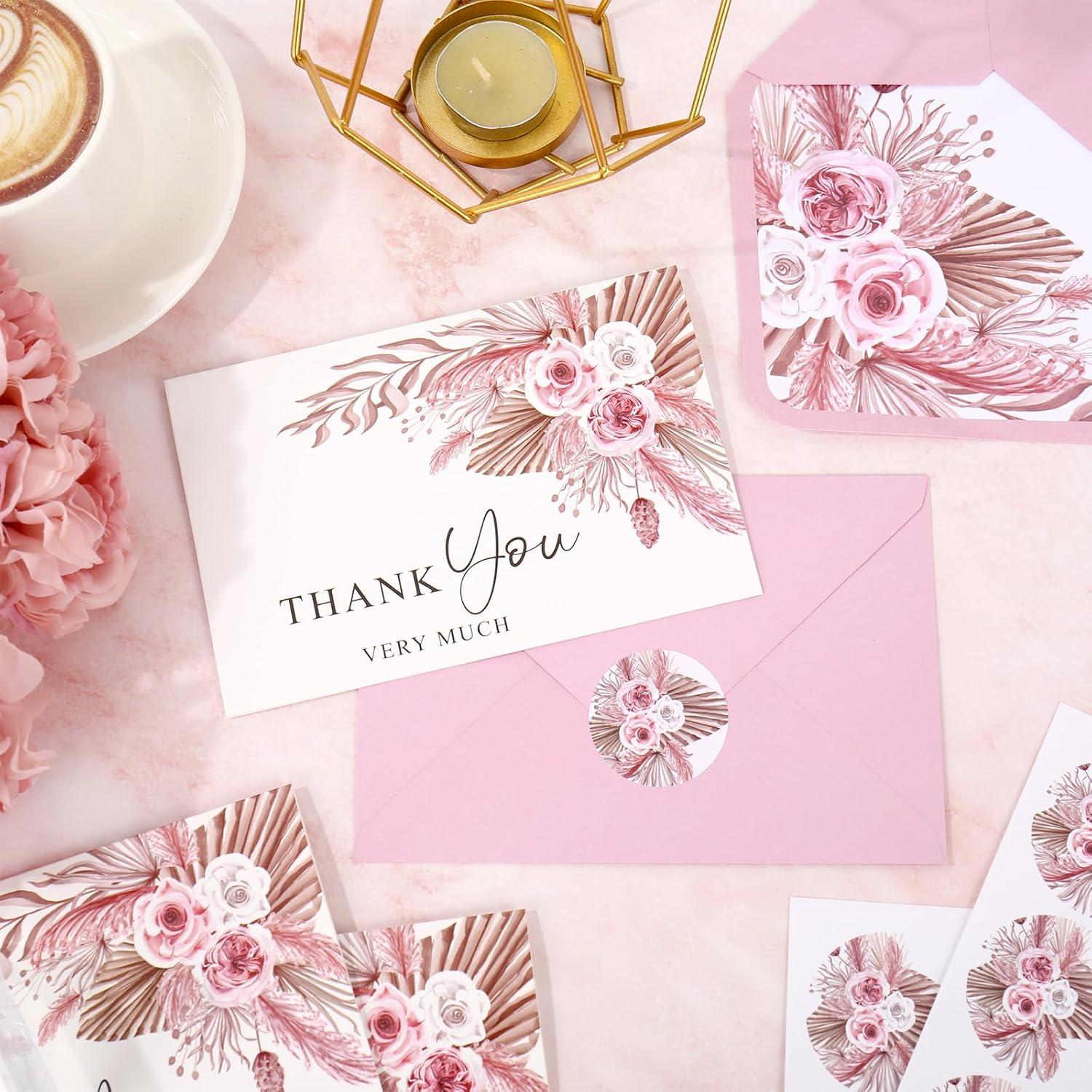 imageWhaline 36Pcs Watercolor Floral Thank You Cards with Envelopes and Stickers Orange Rose Greeting Cards Blank Note Cards for Weddings Bridal Shower Baby ShowerBoho Pink Floral