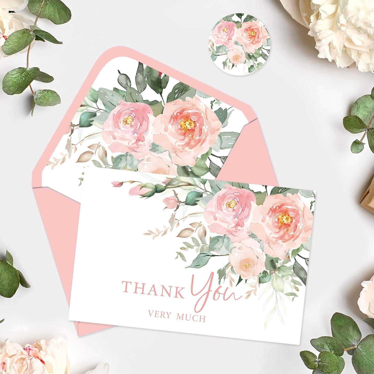 imageWhaline 36Pcs Watercolor Floral Thank You Cards with Envelopes and Stickers Orange Rose Greeting Cards Blank Note Cards for Weddings Bridal Shower Baby ShowerDusty Peach Floral