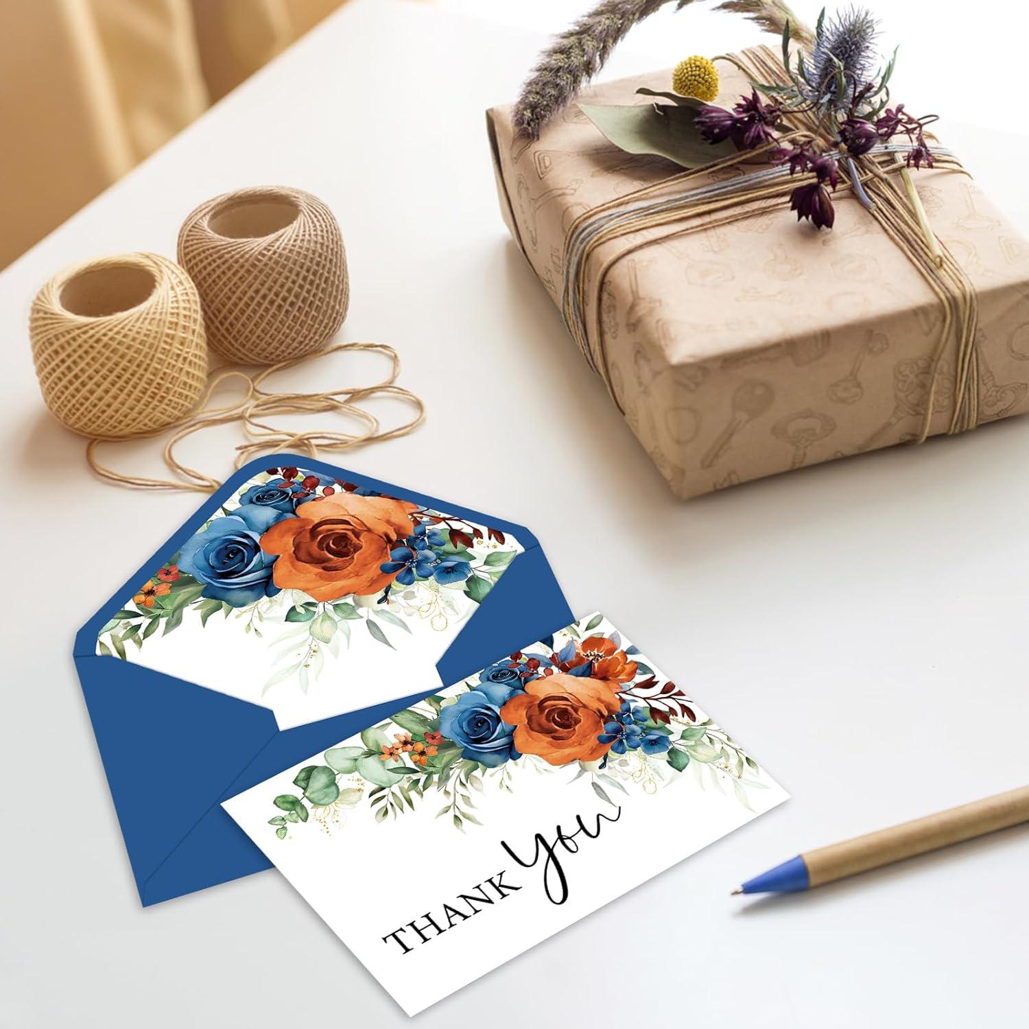 imageWhaline 36Pcs Watercolor Floral Thank You Cards with Envelopes and Stickers Orange Rose Greeting Cards Blank Note Cards for Weddings Bridal Shower Baby ShowerBlue Floral
