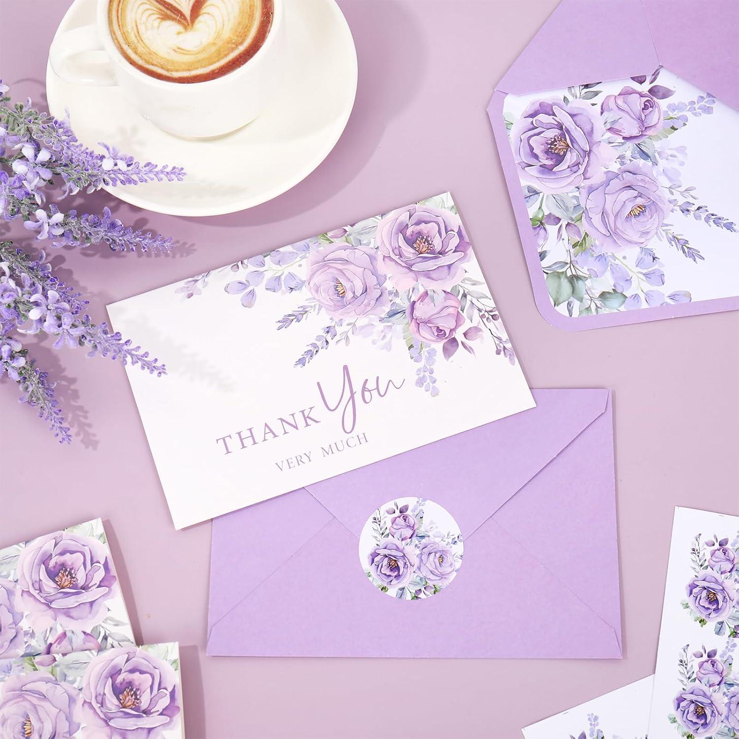 imageWhaline 36Pcs Watercolor Floral Thank You Cards with Envelopes and Stickers Orange Rose Greeting Cards Blank Note Cards for Weddings Bridal Shower Baby ShowerPurple Lavender