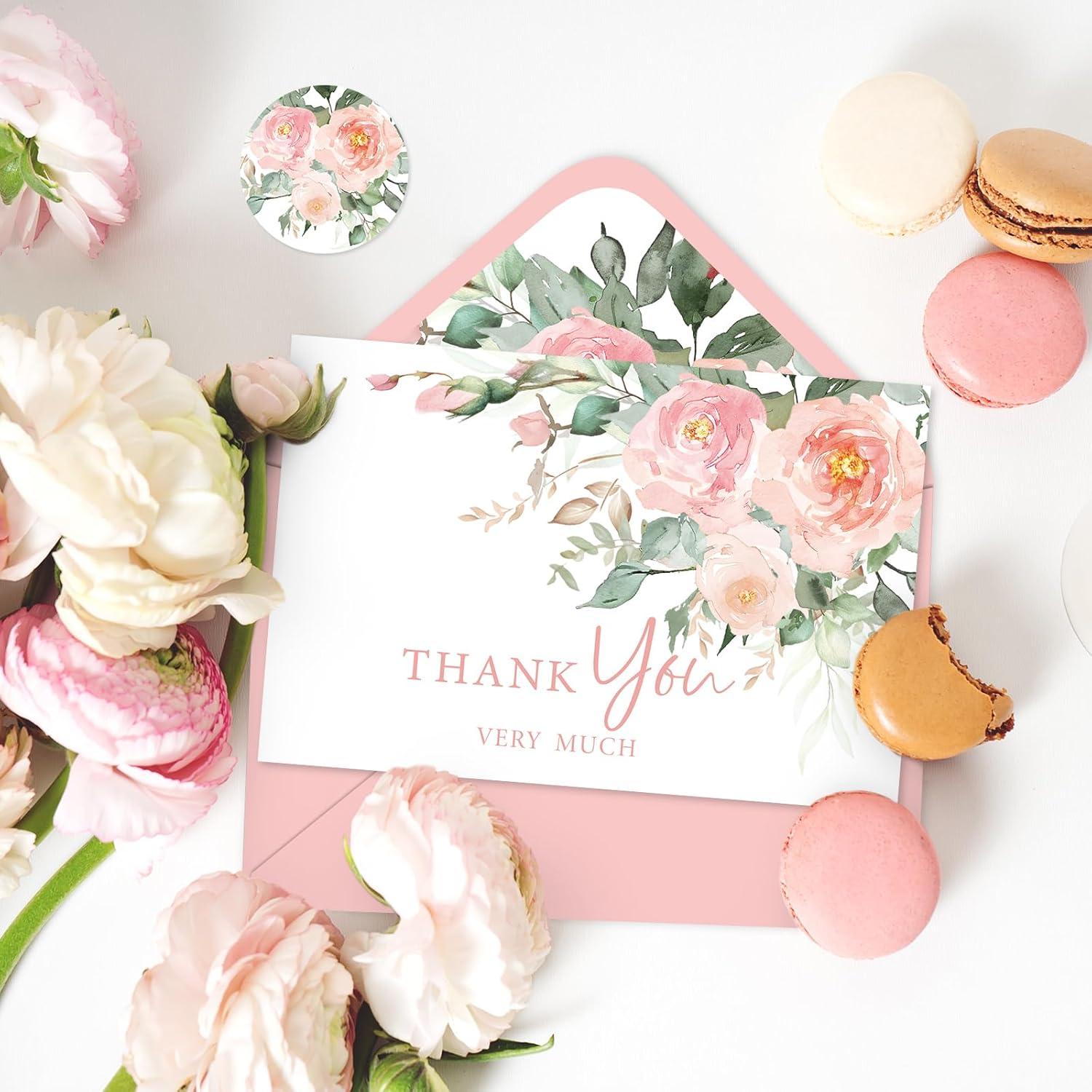 imageWhaline 36Pcs Watercolor Floral Thank You Cards with Envelopes and Stickers Orange Rose Greeting Cards Blank Note Cards for Weddings Bridal Shower Baby ShowerDusty Peach Floral