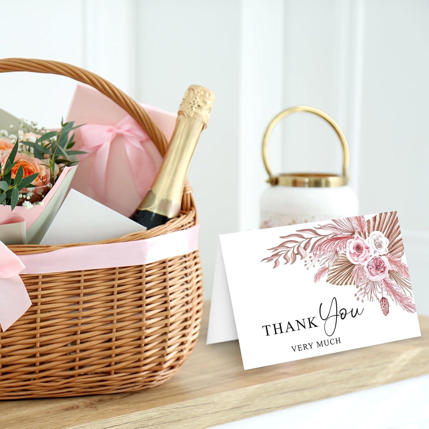 imageWhaline 36Pcs Watercolor Floral Thank You Cards with Envelopes and Stickers Orange Rose Greeting Cards Blank Note Cards for Weddings Bridal Shower Baby ShowerBoho Pink Floral