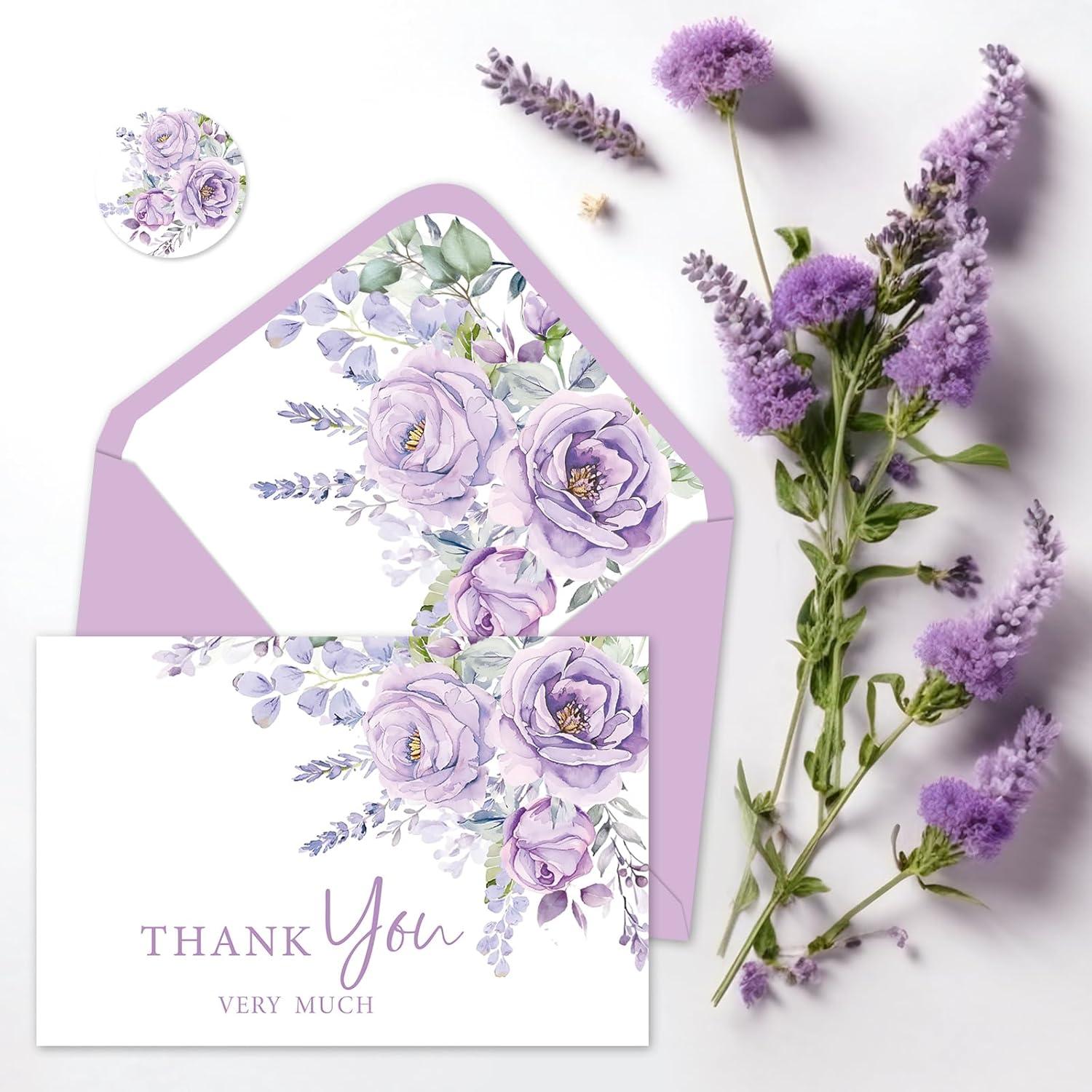 imageWhaline 36Pcs Watercolor Floral Thank You Cards with Envelopes and Stickers Orange Rose Greeting Cards Blank Note Cards for Weddings Bridal Shower Baby ShowerPurple Lavender