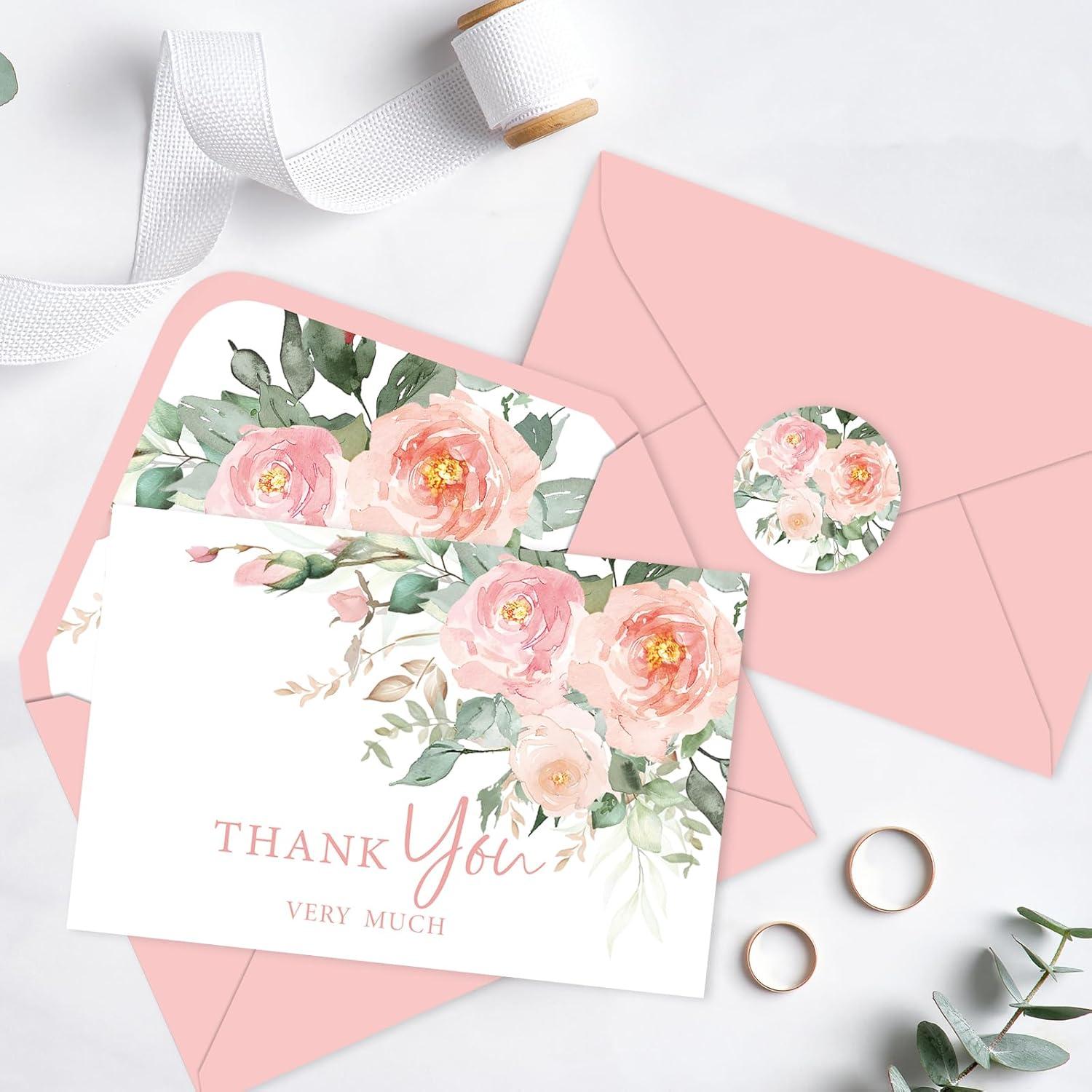 imageWhaline 36Pcs Watercolor Floral Thank You Cards with Envelopes and Stickers Orange Rose Greeting Cards Blank Note Cards for Weddings Bridal Shower Baby ShowerDusty Peach Floral