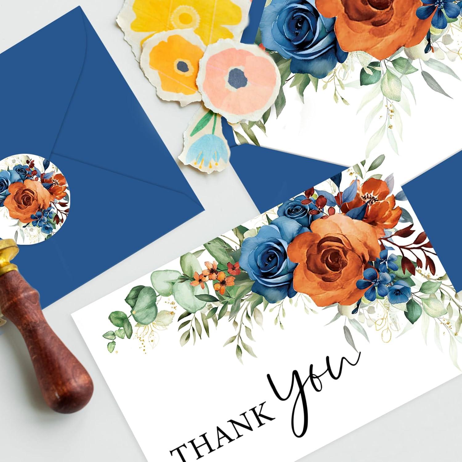 imageWhaline 36Pcs Watercolor Floral Thank You Cards with Envelopes and Stickers Orange Rose Greeting Cards Blank Note Cards for Weddings Bridal Shower Baby ShowerBlue Floral
