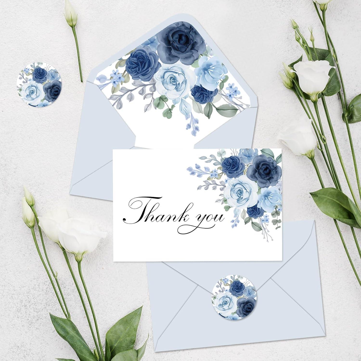 imageWhaline 36Pcs Watercolor Floral Thank You Cards with Envelopes and Stickers Orange Rose Greeting Cards Blank Note Cards for Weddings Bridal Shower Baby ShowerDusty Blue Floral