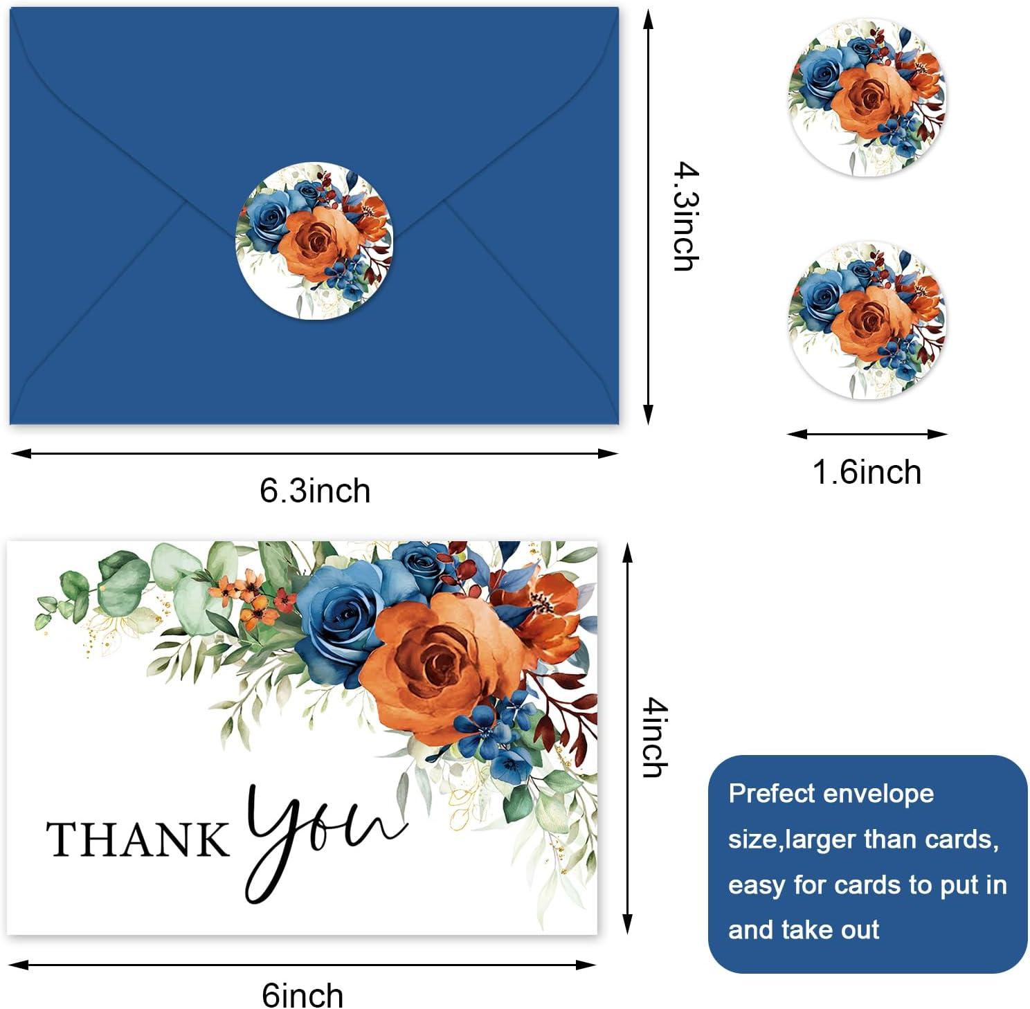 imageWhaline 36Pcs Watercolor Floral Thank You Cards with Envelopes and Stickers Orange Rose Greeting Cards Blank Note Cards for Weddings Bridal Shower Baby ShowerBlue Floral